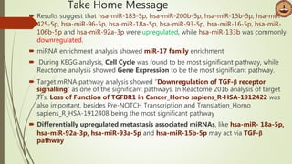 Take Home Message
 Results suggest that hsa-miR-183-5p, hsa-miR-200b-5p, hsa-miR-15b-5p, hsa-miR-
425-5p, hsa-miR-96-5p, hsa-miR-18a-5p, hsa-miR-93-5p, hsa-miR-16-5p, hsa-miR-
106b-5p and hsa-miR-92a-3p were upregulated, while hsa-miR-133b was commonly
downregulated.
 miRNA enrichment analysis showed miR-17 family enrichment
 During KEGG analysis, Cell Cycle was found to be most significant pathway, while
Reactome analysis showed Gene Expression to be the most significant pathway.
 Target mRNA pathway analysis showed “Downregulation of TGF-β receptor
signalling” as one of the significant pathways. In Reactome 2016 analysis of target
TFs, Loss of Function of TGFBR1 in Cancer_Homo sapiens_R-HSA-1912422 was
also important, besides Pre-NOTCH Transcription and Translation_Homo
sapiens_R_HSA-1912408 being the most significant pathway
 Differentially upregulated metastasis associated miRNAs, like hsa-miR- 18a-5p,
hsa-miR-92a-3p, hsa-miR-93a-5p and hsa-miR-15b-5p may act via TGF-β
pathway
 