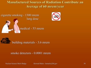 Nuclear Science Merit Badge Howard Matis - hsmatis@lbl.gov 38
Manufactured Sources of Radiation Contribute an
Average of 60 mrem/year
cigarette smoking - 1300 mrem
lung dose
building materials - 3.6 mrem
smoke detectors - 0.0001 mrem
medical - 53 mrem
 