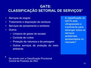 13
GATS:
CLASSIFICAÇÃO SETORIAL DE SERVIÇOS*
• Serviços de esgoto
• Tratamento e disposição de resíduos
• Serviços de saneamento e similares
• Outros
– Limpeza de gases de escape
– Controle de ruídos
– Proteção da natureza e da paisagem
– Outros serviços de proteção do meio
ambiente
⃰ De acordo com a Classificação Provisional
Central de Produtos da ONU
• A classificação do
GATS está
ultrapassada e
insuficiente para
abranger todos os
serviços
ambientais
apresentados no
mercado?
 