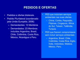 15
PEDIDOS E OFERTAS
• Pedidos e ofertas bilaterais.
• Pedido Plurilateral (coordenado
pela União Européia, 2006)
– Demandantes: 10 Membros
– Demandados: 23 Membros
incluídos Argentina, Brasil,
Chile, Colômbia, Costa Rica,
México, Nicarágua e Peru.
• PED que incluíram serviços
ambientais nas suas ofertas
– China, Coréia, Paquistão,
Filipinas, Cingapura, África
do Sul, Taiwan, Tailândia,
Turquia.
• PED que fizeram compromissos
sem incluir serviços ambientais
– Argentina, Brasil, Chile,
Colômbia, Costa Rica, Egito,
Índia, Indonésia, Malásia,
México, Peru.
 