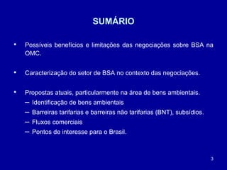 3
SUMÁRIO
• Possíveis benefícios e limitações das negociações sobre BSA na
OMC.
• Caracterização do setor de BSA no contexto das negociações.
• Propostas atuais, particularmente na área de bens ambientais.
– Identificação de bens ambientais
– Barreiras tarifarias e barreiras não tarifarias (BNT), subsídios.
– Fluxos comerciais
– Pontos de interesse para o Brasil.
 