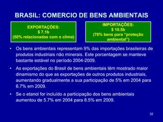 32
BRASIL: COMERCIO DE BENS AMBIENTAIS
• Os bens ambientais representam 9% das importações brasileiras de
produtos industriais não minerais. Este porcentagem se manteve
bastante estável no período 2004-2009.
• As exportações do Brasil de bens ambientais têm mostrado maior
dinamismo do que as exportações de outros produtos industriais,
aumentando gradualmente a sua participação de 5% em 2004 para
6.7% em 2009.
• Se o etanol for incluído a participação dos bens ambientais
aumentou de 5.7% em 2004 para 8.5% em 2009.
EXPORTAÇÕES:
$ 7.1b
(50% relacionadas com o clima)
IMPORTAÇÕES:
$ 10.5b
(70% bens para “proteção
ambiental”)
 