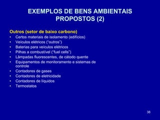 38
EXEMPLOS DE BENS AMBIENTAIS
PROPOSTOS (2)
Outros (setor de baixo carbono)
• Certos materiais de isolamento (edifícios)
• Veículos elétricos (“outros”)
• Baterias para veículos elétricos
• Pilhas a combustível (“fuel cells”)
• Lâmpadas fluorescentes, de cátodo quente
• Equipamentos de monitoramento e sistemas de
controle
• Contadores de gases
• Contadores de eletricidade
• Contadores de líquidos
• Termostatos
 