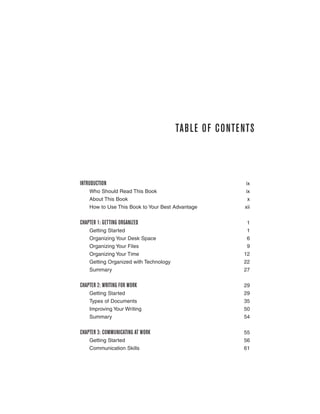 TAB LE O F C O NTE NTS



INTRODUCTION                                               ix
    Who Should Read This Book                              ix
    About This Book                                         x
    How to Use This Book to Your Best Advantage            xii


CHAPTER 1: GETTING ORGANIZED                                1
    Getting Started                                         1
    Organizing Your Desk Space                              6
    Organizing Your Files                                   9
    Organizing Your Time                                   12
    Getting Organized with Technology                      22
    Summary                                                27


CHAPTER 2: WRITING FOR WORK                                29
    Getting Started                                        29
    Types of Documents                                     35
    Improving Your Writing                                 50
    Summary                                                54


CHAPTER 3: COMMUNICATING AT WORK                           55
    Getting Started                                        56
    Communication Skills                                   61
 