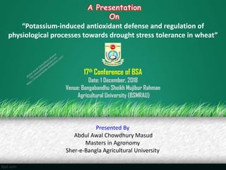 “Potassium-induced antioxidant defense and regulation of
physiological processes towards drought stress tolerance in wheat”
Presented By
Abdul Awal Chowdhury Masud
Masters in Agronomy
Sher-e-Bangla Agricultural University
17th Conference of BSA
Date: 1 December, 2018
Venue: Bangabandhu Sheikh Mujibur Rahman
Agricultural University (BSMRAU)
 