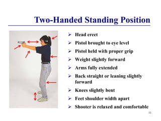 11
 Head erect
 Pistol brought to eye level
 Pistol held with proper grip
 Weight slightly forward
 Arms fully extended
 Back straight or leaning slightly
forward
 Knees slightly bent
 Feet shoulder width apart
 Shooter is relaxed and comfortable
Two-Handed Standing Position
 