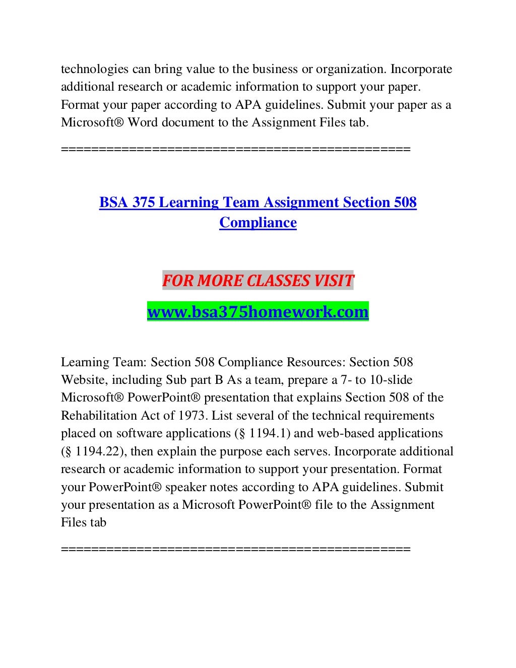 BSA 375 HOMEWORK Lessons in Excellence--bsa375homework.com