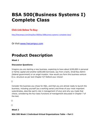 BSA 500(Business Systems I)
Complete Class
Click Link Below To Buy:
http://hwcampus.com/shop/bsa-500/bsa-500business-systems-i-complete-class/
Or Visit www.hwcampus.com
Product Description
Week 1
Discussion Questions:
Imagine you are starting a new business, expecting to have about $100,000 in personal
or family capital and another $200,000 borrowed, say from a bank, Small Bus Admin
(federal government) or an angel investor. How would you form this business venture
 (i.e. structure as per text Chapter 5)? Defend your choice!
 
Consider the business you chose for DQ1, and that you are almost ready to launch the
business; including yourself (as a working owner) and three of your most important
subordinates, describe each’s role in management (if any) and why you made that
choice, considering the four basic functions of management discussed in Chapter 7 of
the text.
 
 
Week 2
BSA 500 Week 2 Individual-Virtual Organizations Table – Part I
 