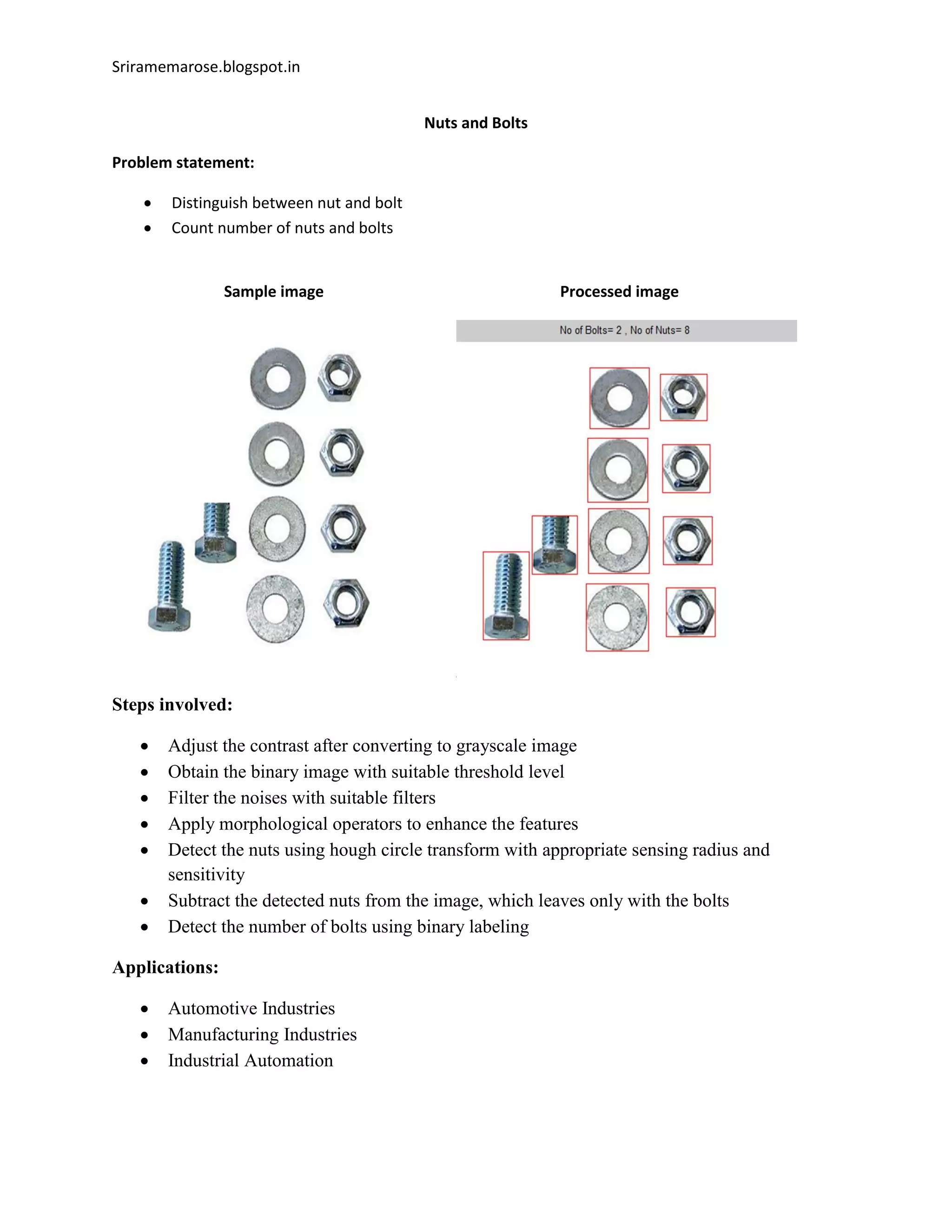 Sriramemarose.blogspot.in
Nuts and Bolts
Problem statement:
 Distinguish between nut and bolt
 Count number of nuts and bolts
Sample image Processed image
Steps involved:
 Adjust the contrast after converting to grayscale image
 Obtain the binary image with suitable threshold level
 Filter the noises with suitable filters
 Apply morphological operators to enhance the features
 Detect the nuts using hough circle transform with appropriate sensing radius and
sensitivity
 Subtract the detected nuts from the image, which leaves only with the bolts
 Detect the number of bolts using binary labeling
Applications:
 Automotive Industries
 Manufacturing Industries
 Industrial Automation
 