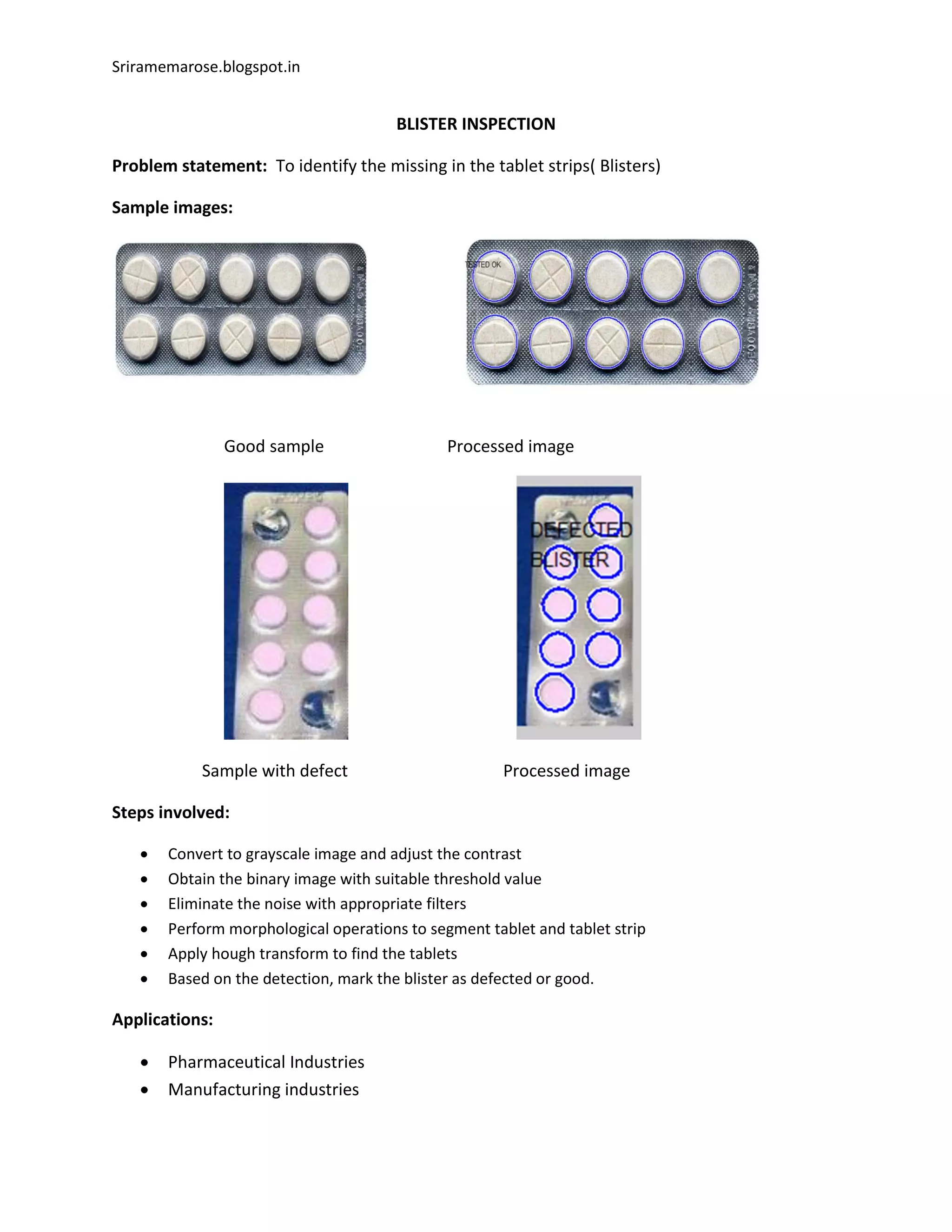 Sriramemarose.blogspot.in
BLISTER INSPECTION
Problem statement: To identify the missing in the tablet strips( Blisters)
Sample images:
Good sample Processed image
Sample with defect Processed image
Steps involved:
 Convert to grayscale image and adjust the contrast
 Obtain the binary image with suitable threshold value
 Eliminate the noise with appropriate filters
 Perform morphological operations to segment tablet and tablet strip
 Apply hough transform to find the tablets
 Based on the detection, mark the blister as defected or good.
Applications:
 Pharmaceutical Industries
 Manufacturing industries
 