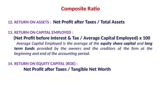12. RETURN ON ASSETS : Net Profit after Taxes / Total Assets
13. RETURN ON CAPITAL EMPLOYED :
(Net Profit before Interest & Tax / Average Capital Employed) x 100
Average Capital Employed is the average of the equity share capital and long
term funds provided by the owners and the creditors of the firm at the
beginning and end of the accounting period.
14. RETURN ON EQUITY CAPITAL (ROE) :
Net Profit after Taxes / Tangible Net Worth
Composite Ratio
 