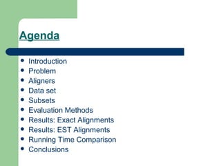 Agenda
 Introduction
 Problem
 Aligners
 Data set
 Subsets
 Evaluation Methods
 Results: Exact Alignments
 Results: EST Alignments
 Running Time Comparison
 Conclusions
 