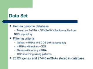 Data Set
 Human genome database
– Based on FASTA a GENBANK’s flat format file from
NCBI repository.
 Filtering criteria
– Genes, mRNAs and CDS with /pseudo tag
– mRNAs without any CDS
– Genes without any mRNA
– CDS matching wrong patterns
 23124 genes and 27448 mRNAs stored in database
 