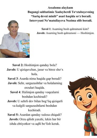 Exploring 'Sariq devni minib': Characters, Themes, and Lessons | PDF
