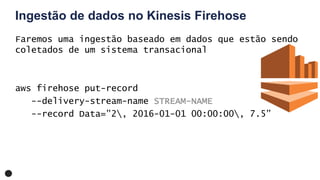 Ingestão de dados no Kinesis Firehose
Faremos uma ingestão baseado em dados que estão sendo
coletados de um sistema transacional
aws firehose put-record
--delivery-stream-name STREAM-NAME
--record Data=”2, 2016-01-01 00:00:00, 7.5”
 