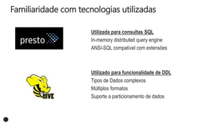 Familiaridade com tecnologias utilizadas
Utilizada para consultas SQL
In-memory distributed query engine
ANSI-SQL compatível com extensões
Utilizado para funcionalidade de DDL
Tipos de Dados complexos
Múltiplos formatos
Suporte a particionamento de dados
 