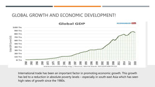 GLOBAL GROWTH AND ECONOMIC DEVELOPMENT!
International trade has been an important factor in promoting economic growth. This growth
has led to a reduction in absolute poverty levels – especially in south east Asia which has seen
high rates of growth since the 1980s.
 