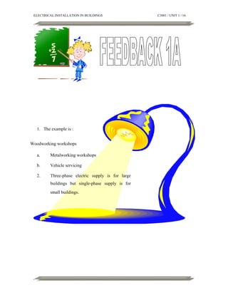 ELECTRICAL INSTALLATION IN BUILDINGS

1. The example is :
Woodworking workshops
a.

Metalworking workshops

b.

Vehicle servicing

2.

Three-phase electric supply is for large
buildings but single-phase supply is for
small buildings.

C3001 / UNIT 1 / 16

 