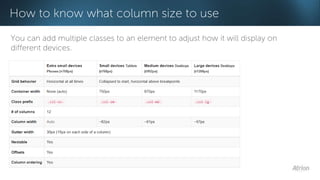 How to know what column size to use 
You can add multiple classes to an element to adjust how it will display on 
different devices. 
 