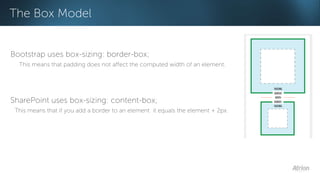 The Box Model 
Bootstrap uses box-sizing: border-box; 
This means that padding does not affect the computed width of an element. 
SharePoint uses box-sizing: content-box; 
This means that if you add a border to an element it equals the element + 2px. 
 