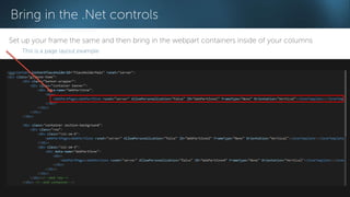 Bring in the .Net controls 
Set up your frame the same and then bring in the webpart containers inside of your columns 
This is a page layout example 
 