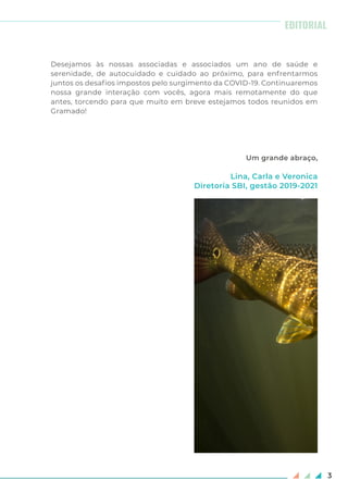 3
EDITORIAL
Desejamos às nossas associadas e associados um ano de saúde e
serenidade, de autocuidado e cuidado ao próximo, para enfrentarmos
juntos os desafios impostos pelo surgimento da COVID-19. Continuaremos
nossa grande interação com vocês, agora mais remotamente do que
antes, torcendo para que muito em breve estejamos todos reunidos em
Gramado!
Um grande abraço,
Lina, Carla e Veronica
Diretoria SBI, gestão 2019-2021
 