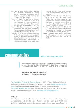 52
Raghavan R. Dahanukar M. Tlusty FN. Rhyne
AL. Kumar KK. Uncovering an Obscure
Trade: Threatened Freshwater Fishes
and the Aquarium Pet Markets. Biol
Conserv. 2013; 164: 158–169.
Tlusty MF. Rhyne AL. Kaufman L. Hutchins
M. Reid GM. Andrews C. Dowd S.
Opportunities for public aquariums to
increase the sustainability of the aquatic
animal trade. Zoo biology. 2013; 32(1): 1–12.
Tolon MT. Determination of hobbyist
preferences for livebearer ornamental
fish attributes by conjoint analysis. Turk J
Fish Aquat Sci. 2018; 18(1): 119–126.
VainiJO.GrisoliaAB.PradoFDD.Porto-Foresti
F. Genetic identification of interspecific
hybrid of Neotropical catfish species
(Pseudoplatystoma corruscans vs.
Pseudoplatystoma reticulatum) in
rivers of Mato Grosso do Sul State, Brazil.
Neotrop Ichthyol. 2014; 12(3): 635–641.
DOI: http://dx.doi.org/10.1590/1982-0224-
20130169
Yabu MHS. Vidotto‐Magnoni AP. Casimiro
ACR. Garcia DAZ. Costa ADA. Prado
FDDe Orsi ML. First record of non‐
native hybrid catfish Pseudoplatystoma
reticulatum× Leiarius marmoratus in
the Upper Paraná River basin, Brazil. J.
Fish Biol, 2018; 92(1): 261-267.
Wonham MJ. Carlton JT. Ruiz GM. Smith
LD. Fish and ships: Relating Dispersal
Frequency to Success in Biological
Invasions. Mar Biol. 2000; 136: 1111–1121.
Wood EM. Global Advances in Conservation
andManagementofMarineOrnamental
Resources. Aqua Scie and Cons. 2001; 3:
65-77.
COMUNICAÇÕES
COMUNICAÇÕES
Luisa M. Sarmento Soares1,2
Ronaldo F. Martins-Pinheiro2
1Universidade Federal do Espírito Santo, PPGBAN. Prédio Bárbara Weinberg-
Campus de Goiabeiras, 29043-900, Vitória- ES, Brasil. luisa@nossosriachos.
net, http://orcid.org/0000-0002-8621-1794 (autor correspondente);
2Instituto Nossos Riachos, INR, Estrada de Itacoatiara, 356 c4, 24348-095,
Niterói, RJ. www.nossosriachos.net. pinheiro.martins@gmail.com
O PAN
Os Planos de Ação Nacional para a Conservação das Espécies
Ameaçadas de Extinção ou do Patrimônio Espeleológico (PAN) são
políticas públicas, pactuadas com a sociedade, que identificam e
BSBI nº 131 - março de 2020
O PAN E OS PEIXES DOS RIOS E RIACHOS DA MATA DE
TABULEIROS: GUIA DE IDENTIFICAÇÃO DAS ESPÉCIES
 