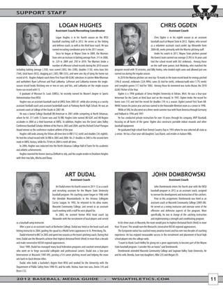 SUPPORT STAFF

                                              LOGAN HUGHES                                                                                                CHRIS OGDEN
                                          Assistant Coach/Recruiting Coordinator                                                                                   Assistant Coach

                                            Logan Hughes is in his fourth season on the WSU                                                        Chris Ogden is in his eighth season as an assistant
                                       baseball coaching staff in 2012. He serves as the hitting                                               baseball coach at Wayne State in 2012. Ogden, who served
                                       and defense coach, as well as the third base coach. He was                                              as a volunteer assistant coach under Jay Alexander form
                                       named recruiting coordinator prior to the 2011 season.                                                  2004-08, works primarily with the Warrior pitching staff.
                                            Since he began at Wayne State in 2009, the Warriors                                                    Under his watch in 2011, Wayne State pitchers posted
                                       have seen an increase in batting average from .311 in 2008,                                             the lowest team earned-run average (3.99) in 36 years and
                                       to .329 in 2009 and .350 in 2010. The Warriors broke a                                                  tied the school record with 363 strikeouts. Among those
                                       number of offensive school records during the 2010 season                                               on the staff were juniors Josh Wedesky, who matched the
including batting average (.350), runs scored (385), hits (590), doubles (110), extra base hits        program record with 10 victories, and Billy Hurley, who totaled eight saves and allowed just one
(164), total bases (852), slugging pct (.505), RBI (335), and were one shy of tying the home run       earned run during the regular season.
record of 45. Hughes helped coach three First Team All-GLIAC selections in catcher Mike Wiseman            In 2010 the Warrior pitchers set new top-10 marks in the team record book for innings pitched
and outfielders Ryan LaPensee and Paul LaMantia. LaPensee and LaMantia rewrote the single-             (396.0; second), strikeouts (324; fifth), saves (8; tied for sixth), strikeout/walk ratio (1.79; ninth)
season record books finishing one or two in runs and hits, and LaMantia set the single-season          and complete games (17; tied for 10th). Among those he mentored was Justin Mazur, the 2010
home run record with 13.                                                                               GLIAC Pitcher of the Year.
    A graduate of Missouri-St. Louis (UMSL), he recently earned his Master’s degree in Sports              Ogden is a 1998 graduate of Siena Heights University in Adrian, Mich. He was a four-year
Administration from WSU.                                                                               letterman for the Saints at third base and on the mound. In 1997, Ogden broke the record for
    Hughes was an assistant baseball coach at UMSL from 2005-07, while also serving as a varsity       home runs (13) and tied the record for doubles (19) in a season. Ogden earned First Team All-
assistant football coach and assistant basketball coach at Parkway North High School. He was an        WHAC honors his junior year and was named to the Honorable Mention team as a senior in 1998.
assistant coach at College of the Ozarks in 2007-08.                                                       While at SHU, he also went on a three-week summer tour with Team America through Germany
    He was a Junior College Baseball All-American in 2001 while competing at North Arkansas,           and Holland in 1996 and 1997.
where he hit .511 with 15 home runs and 76 RBI. Hughes later earned All-GLVC and All-Region                He has conducted private instruction for over 10 years through his company, MVP Baseball,
accolades in 2004 as a third baseman at UMSL. In addition, Hughes was the Great Lakes Valley           focusing on all facets of the game. Ogden also constructs portable indoor mounds and other
Conference Baseball Scholar-Athlete of the Year in 2003 and 2004, and the Richard Scharf Paragon       baseball equipment.
Award winner as the conference student-athlete of the year.                                                He graduated high school from Detroit Country Day in 1993 where he was selected all-state as
    Hughes still ranks among the Tritons all-time best in RBI (112; sixth) and doubles (34; eighth).   a senior. He has a four-year-old daughter, Sara Elaine, and resides in Auburn Hills.
He tied the school record with 56 RBI in 2003 and 2004. His 21 doubles in 2003 is the second-best
mark in UMSL history, while his 70 hits in 2004 is ninth all-time.
    In 2006, Hughes was inducted into the North Arkansas College Hall of Fame for his academic
and athletic achievements.
    Hughes married the former Janessa DeMuth in July, and the couple resides in Dearborn Heights
with their two labs, Mocha and Elway.




                                                     ART DUDAL                                                                                  JOHN DOMBROWSKI
                                                           Assistant Coach                                                                                         Assistant Coach

                                          Art Dudal enters his fourth season in 2011-12 as a coach                                                John Dombrowski enters his fourth year with the WSU
                                       and recruiting assistant for the Wayne State University                                                baseball program in 2012 as an assistant coach, assigned
                                       baseball program. His coaching career began in 1986 with                                               to oversee the development and instruction of the catchers.
                                       the Glendale Mountainbacks in the Arizona Collegiate                                                       Prior to this assignment, Dombrowski was hired as an
                                       Cactus League. In 1992, he returned to his alma mater,                                                 assistant coach at Macomb Community College (2005-08).
                                       Macomb Community College, and served as an assistant                                                   He served as a roving instructor and oversaw some of the
                                       coach working with a staff he once played for.                                                         offensive and defensive aspects of the program. More
                                          In 2002, he assisted former WSU head coach Jay                                                      specifically, he was in charge of the catching instruction
                                       Alexander with the recruitment of local players and served                                             and implementing a strength and conditioning program.
as a baseball camp instructor.                                                                            In his three years at Macomb, the team would post its highest divisional finish (third) in more
    After a year as an assistant coach at Rochester College, Dudal was hired as the head coach and     than 10 years. This would earn the Monarchs consecutive NJCAA regional appearances.
hitting instructor in 2004, guiding the squad to a World Series appearance in St. Petersburg, Fla.        The Eastpointe native has coached many amateur teams and has over two decades of coaching
    Dudal returned to MCC in 2005 and spent two seasons as the team’s pitching coach. During that      experience. He has enjoyed measurable success in the recruitment and placement of local high
time, Dudal saw the Monarchs achieve their highest divisional finish (third) in more than a decade     school players into the college ranks.
and make consecutive NJCAA regional appearances.                                                          “I want to thank Coach Kelley for giving me a great opportunity to become part of the Wayne
    Since 1989, Dudal has managed many local federation programs and coached several players           State baseball program. I consider this an honor,” said Dombrowski.
who went on to forge successful collegiate and professional careers. Dudal was a two-year                 Dombrowski attended Macomb Community College and Saginaw Valley State University. He
letterwinner at Macomb (1987-89), posting a 9-4 career pitching record and helping the team            and his wife, Brenda, have two daughters, Allie (23) and Megan (9).
win back-to-back division titles.
    Dudal, who holds a bachelor’s degree from WSU and worked for the University with the
Department of Public Safety from 1990-93, and his wife, Vistina, have two sons, Devin (14) and
Bryce (12).

2012 BASEBALL MEDIA GUIDE                                                                              WSUATHLETICS.COM                                                                                          11
 
