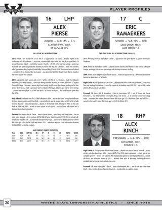 PLAYER PROFILES


                                                           16                            LHP                                                                                17                           C
                                                                     ALEX                                                                                                 ERIC
                                                                    PIERSE                                                                                             RAMAEKERS
                                                               CLINTON TWP., MICH.                                                                                           LAKE ORION, MICH.
                                                                 DE LA SALLE H.S.                                                                                             LAKE ORION H.S.

                                       2011 GLIAC ALL-ACADEMIC TEAM                                                                        TWO-TIME GLIAC ALL-ACADEMIC TEAM (2010-11)

     2011: Posted a 5-4 record with a 3.65 ERA in 12 appearances (10 starts) ... tied for eighth in the             2011: Primarily served as the bullpen catcher ... appeared in one game March 16 against Minnesota-
     conference with 49 strikeouts ... struck out a season-high eight in his first win of the year March 14         Crookston.
     versus Minnesota-Duluth ... started the season 3-0 with a 1.93 ERA in his first four outings ... picked up
     his fourth win April 16 against Ohio Dominican and his fifth May 8 at Lake Erie ... made two scoreless         2010: Served as the bullpen catcher ... played summer ball for Chief Pontiac in the Livonia Collegiate
     relief appearances May 1 against Grand Valley State and May 12 in the GLIAC Tournament versus Ashland          League, posting a .656 on-base percentage and catching six runners stealing.
     ... missed the NCAA Regional due to an injury ... was presented with the Weight Room Warrior Award at
     the team’s season-end banquet.                                                                                 2009: Served as the bullpen catcher for the season ... made one appearance as a defensive substitution
                                                                                                                    behind the plate March 17 at Toledo.
     2010: Appeared in eight games and went 1-1 with a 7.24 ERA in 13.2 innings ... made his collegiate
     debut Feb. 21 at West Georgia ... lasted two innings without allowing an earned run March 23 against           High School: A 2008 graduate of Lake Orion ... played baseball for coach Andy Schramek ... was also a
     Eastern Michigan ... worked a season-high four innings April 2 versus Northwood, picking up his lone           four-year bowling letterwinner ... served as captain of the bowling team 2007-08 ... was an OAA scholar
     victory of the year ... made a spot start April 6 at Eastern Michigan, allowing just one hit in 3.0 innings    athlete all four years at Lake Orion.
     ... pitched one inning April 17 at Tiffin and April 27 at Central Michigan ... also came into the game May
     2 at GVSU.                                                                                                     Personal: Full name--Eric D. Ramaekers ... born in Jamestown, N.Y. ... son of Steven and Donna
                                                                                                                    Ramaekers ... has three brothers: Christopher, Brian, and Shawn ... is an exercise science/kinesiology
     High School: Graduated from De La Salle Collegiate in 2009 ... was on the Pilots' varsity baseball team        major ... named to the Athletic Director's Honor Roll (term gpa 3.5+) for Winter 2009 and Fall 2010 ...
     for three seasons under coach Brian Kelly ... earned all-state and all-league status in 2009 as De La Salle    named to the Coach's Honor Roll (term gpa 3.0-3.49) for Winter 2011.
     won the Division 1 state championship ... played on the football team, helping the Pilots to the state
     finals in 2006 and 2008 ... served as team captain in both sports ... was an honor roll student and a
     National Honor Society member.

     Personal: Full name--Alex M. Pierse ... born in Grosse Pointe ... son of Jerry and Diane Pierse ... has an
     older sister, Amanda ... is the nephew of WSU Hall of Famer Dave Zelmanski (1975-78), the school's all-                                                           18                           RHP
     time leader in triples (19) ... is a biomedical engineering major ... named to the Athletic Director's Honor

                                                                                                                                                                                 ALEX
     Roll (term gpa 3.5+) for Fall 2009 and Winter 2010 ... volunteers with the Local Intervention Network
     for Kids (LINK) mentoring program.


     Year         ERA       APP/GS
                                      ALEX PIERSE’S CAREER STATISTICS
                                         W-L     IP      H      R                ER         BB/SO        B/AVG
                                                                                                                                                                                 KINCH
     2010         7.24        8/1         1-1   13.2    13     13                11          18/7         .245
     2011         3.65       12/10        5-4   56.2    60     30                23         26/49         .284
     TOTAL        4.35       20/11        6-5   70.1    73     43                34         44/56         .277
                                                                                                                                                                              ANN ARBOR, MICH.
                                                                                                                                                                                PIONEER H.S.

                                                                                                                    High School: A 2011 graduate of Ann Arbor Pioneer ... played two years of varsity baseball ... was a
                                                                                                                    pitcher and also played right field ... named MVP of the 2010 state tournament ... struck out six in a
                                                                                                                    complete-game 4-1 victory over Saline in the championship game, his fourth playoff victory ... earned
                                                                                                                    all-district and all-region honors in 2011 ... lettered three years in wrestling, claiming all-district
                                                                                                                    accolades and serving as team captain as a senior.

                                                                                                                    Personal: Full name--Alexander S. Kinch ... born in Indianapolis, Ind. ... son of John and Carol-Anne
                                                                                                                    Kinch ... has a brother, Ben, and a sister, Maureen ... is undecided on academic major.




20                                                  WAYNE STATE UNIVERSITY ATHLETICS                                                                                                  SINCE 1918
 