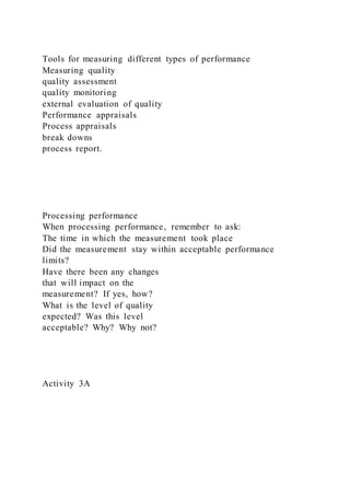Tools for measuring different types of performance
Measuring quality
quality assessment
quality monitoring
external evaluation of quality
Performance appraisals
Process appraisals
break downs
process report.
Processing performance
When processing performance, remember to ask:
The time in which the measurement took place
Did the measurement stay within acceptable performance
limits?
Have there been any changes
that will impact on the
measurement? If yes, how?
What is the level of quality
expected? Was this level
acceptable? Why? Why not?
Activity 3A
 