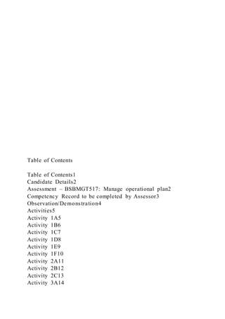 Table of Contents
Table of Contents1
Candidate Details2
Assessment – BSBMGT517: Manage operational plan2
Competency Record to be completed by Assessor3
Observation/Demonstration4
Activities5
Activity 1A5
Activity 1B6
Activity 1C7
Activity 1D8
Activity 1E9
Activity 1F10
Activity 2A11
Activity 2B12
Activity 2C13
Activity 3A14
 
