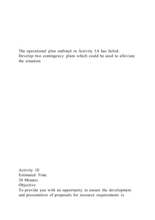 The operational plan outlined in Activity 1A has failed.
Develop two contingency plans which could be used to alleviate
the situation.
Activity 1E
Estimated Time
30 Minutes
Objective
To provide you with an opportunity to ensure the development
and presentation of proposals for resource requirements is
 