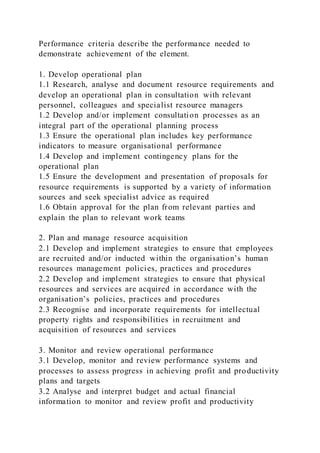 Performance criteria describe the performance needed to
demonstrate achievement of the element.
1. Develop operational plan
1.1 Research, analyse and document resource requirements and
develop an operational plan in consultation with relevant
personnel, colleagues and specialist resource managers
1.2 Develop and/or implement consultation processes as an
integral part of the operational planning process
1.3 Ensure the operational plan includes key performance
indicators to measure organisational performance
1.4 Develop and implement contingency plans for the
operational plan
1.5 Ensure the development and presentation of proposals for
resource requirements is supported by a variety of information
sources and seek specialist advice as required
1.6 Obtain approval for the plan from relevant parties and
explain the plan to relevant work teams
2. Plan and manage resource acquisition
2.1 Develop and implement strategies to ensure that employees
are recruited and/or inducted within the organisation’s human
resources management policies, practices and procedures
2.2 Develop and implement strategies to ensure that physical
resources and services are acquired in accordance with the
organisation’s policies, practices and procedures
2.3 Recognise and incorporate requirements for intellectual
property rights and responsibilities in recruitment and
acquisition of resources and services
3. Monitor and review operational performance
3.1 Develop, monitor and review performance systems and
processes to assess progress in achieving profit and productivity
plans and targets
3.2 Analyse and interpret budget and actual financial
information to monitor and review profit and productivity
 