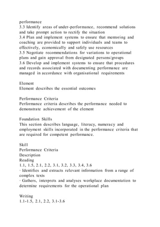 performance
3.3 Identify areas of under-performance, recommend solutions
and take prompt action to rectify the situation
3.4 Plan and implement systems to ensure that mentoring and
coaching are provided to support individuals and teams to
effectively, economically and safely use resources
3.5 Negotiate recommendations for variations to operational
plans and gain approval from designated persons/groups
3.6 Develop and implement systems to ensure that procedures
and records associated with documenting performance are
managed in accordance with organisational requirements
Element
Element describes the essential outcomes
Performance Criteria
Performance criteria describes the performance needed to
demonstrate achievement of the element
Foundation Skills
This section describes language, literacy, numeracy and
employment skills incorporated in the performance criteria that
are required for competent performance.
Skill
Performance Criteria
Description
Reading
1.1, 1.5, 2.1, 2.2, 3.1, 3.2, 3.3, 3.4, 3.6
· Identifies and extracts relevant information from a range of
complex texts
· Gathers, interprets and analyses workplace documentation to
determine requirements for the operational plan
Writing
1.1-1.5, 2.1, 2.2, 3.1-3.6
 
