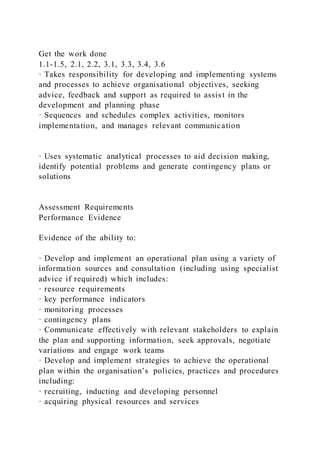 Get the work done
1.1-1.5, 2.1, 2.2, 3.1, 3.3, 3.4, 3.6
· Takes responsibility for developing and implementing systems
and processes to achieve organisational objectives, seeking
advice, feedback and support as required to assist in the
development and planning phase
· Sequences and schedules complex activities, monitors
implementation, and manages relevant communication
· Uses systematic analytical processes to aid decision making,
identify potential problems and generate contingency plans or
solutions
Assessment Requirements
Performance Evidence
Evidence of the ability to:
· Develop and implement an operational plan using a variety of
information sources and consultation (including using specialist
advice if required) which includes:
· resource requirements
· key performance indicators
· monitoring processes
· contingency plans
· Communicate effectively with relevant stakeholders to explain
the plan and supporting information, seek approvals, negotiate
variations and engage work teams
· Develop and implement strategies to achieve the operational
plan within the organisation’s policies, practices and procedures
including:
· recruiting, inducting and developing personnel
· acquiring physical resources and services
 