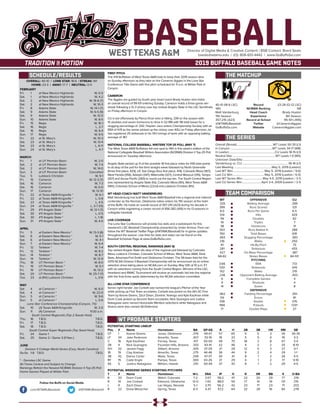 BASEBALLDirector of Digital Media & Creative Content / BSB Contact: Brent Seals
bseals@wtamu.edu | (O): 806-651-4442 | www.GoBuffsGo.com
2019 BUFFALO BASEBALL GAME NOTES
SCHEDULE/RESULTS THE MATCHUP
THE SERIES
TEAM COMPARISON
WT PROBABLE STARTERS
40-10 (18-6 LSC)
14th
Matt Vanderburg
11th Season
357-215 (.623)
@WTAMUBaseball
GoBuffsGo.com
Record
NCBWA Ranking
Head Coach
Experience
Record at School
Twitter
Website
23-28 (12-12 LSC)
NR
Brady Huston
4th Season
99-101 (.495)
@CameronAggies
CameronAggies.com
Overall (Streak):..................................................WT Leads 50-35 (L1)
In Canyon:..........................................................WT Leads 34-17 (W8)
In Lawton:...............................................................CU Leads 18-15 (L1)
Neutral Site:........................................................... WT Leads 1-0 (W5)
Unknown Date/Site:................................................................................
Vanderburg vs. CU:................................................................36-16 (L1)
Last Meeting:.................................................... May 5, 2019 (Lawton)
Last WT Win:........................................... May 5, 2019 (Lawton / 9-6)
Last CU Win:........................................... May 5, 2019 (Lawton / 6-5)
Last WT Series Win:............................May 4-5, 2019 (Lawton / 3-1)
Last CU Series Win:...........................April 3-4, 2009 (Lawton / 3-1)
WT
.326
399
8.0
514
94
19
38
353
760
.483
216
81
281
.427
68-82
3.66
530
152
.236
6
9
14
.962
59
336
1166
17
OFFENSIVE
Batting Average
Runs Scored
Runs Per Game
Hits
Doubles
Triples
Homeruns
Runs Batted In
Total Bases
Slugging Percentage
Walks
Hit-By-Pitch
Strikeouts
On-Base Percentage
Stolen Bases
PITCHING
ERA
Strikeouts
Walks
Opponent Batting Average
Complete Games
Shutouts
Saves
DEFENSIVE
Fielding Percentage
Errors
Assists
Putouts
Double Plays
CU
.266
331
6.5
429
82
7
31
288
618
.383
250
75
455
.387
84-101
7.13
345
219
.303
4
4
8
.951
81
376
1201
27
OVERALL: 40-10 | LONE STAR: 18-6 | STREAK: W1
HOME: 23-3 | AWAY: 17-7 | NEUTRAL: 0-0
FEBRUARY
Fri.	 1	 at New Mexico Highlands		 W, 6-5
Sat.	 1	 at New Mexico Highlands		 W, 4-2
Sat.	 2	 at New Mexico Highlands		W, 16-6 (7)
Sat.	 2	 at New Mexico Highlands		 W, 10-3
Fri.	 8	 Adams State		W, 14-1 (7)
Sat.	 9	 Adams State		W, 6-5 (9)
Sat.	 9	 Adams State		 W, 12-0
Sun.	 10	 Adams State		 W, 8-5
Fri.	 15	 Regis		 W, 16-1
Sat.	 16	 Regis		 L, 2-7
Sat.	 16	 Regis		 W, 6-4
Sun.	 17	 Regis		 W, 9-5
Fri.	 22	 at St. Mary’s		 W, 10-3
Sat.	 23	 at St. Mary’s		 W, 13-4
Sat.	 23	 at St. Mary’s		 L, 6-11
Sun.	 24	 at St. Mary’s		 L, 4-7
MARCH
Fri.	 1	 at UT Permian Basin		 W, 2-0
Sat.	 2	 at UT Permian Basin		 W, 7-4
Sat.	 2	 at UT Permian Basin		 W, 14-0
Sun. 	 3	 at UT Permian Basin		Cancelled
Tue.	 5	 Lubbock Christian		 W, 9-1
Fri.	 15	 Cameron		W, 12-2 (7)
Sat.	16	Cameron		W, 7-3
Sat.	 16	 Cameron		 W, 6-0
Sun.	 17	 Cameron		 W, 12-10
Fri.	 22	 at Texas A&M-Kingsville *		 W, 6-1
Fri.	 22	 at Texas A&M-Kingsville *		 L, 0-8
Sat. 	 23	 at Texas A&M-Kingsville *		 L, 4-5
Sun.	 24	 at Texas A&M-Kingsville *		 L, 3-7 (13)
Fri.	 29	 #11 Angelo State *		W, 12-1 (7)
Sat.	 30	 #11 Angelo State *		 L, 0-5
Sat.	 30	 #11 Angelo State *		 L, 1-16
Sun.	 31	 #11 Angelo State *		 W, 4-0
APRIL
Fri.	 5	 at Eastern New Mexico *		W, 13-3 (8)
Sat.	 6	 at Eastern New Mexico *		 W, 5-1
Sat.	 6	 at Eastern New Mexico *		 W, 4-1
Sun.	 7	 at Eastern New Mexico *		 W, 6-4
Fri.	 12	 Tarleton *		 W, 7-4
Fri.	 12	 Tarleton *		 W, 8-2
Sun.	 14	 Tarleton *		 W, 8-7
Sun.	 14	 Tarleton *		 W, 12-9
Thu.	 18	 UT Permian Basin *		 W, 8-0
Fri.	 19	 UT Permian Basin *		 W, 5-1
Fri.	 19	 UT Permian Basin *		 W, 13-2
Sat.	 20	 UT Permian Basin *		W, 25-7 (7)
Tue.	 23	 at (RV) Lubbock Christian		 L, 0-6
MAY
Sat	 4	 at Cameron *		 W, 6-0
Sat.	 4	 at Cameron *		 W, 22-0
Sun.	 5	 at Cameron *		 W, 9-6
Sun.	 5	 at Cameron *		 L, 5-6
Lone Star Conference Championship (Canyon, TX)
Sat.	 10	 (3) Texas A&M-Kingsville		 W, 2-0
Sun.	 11	 (4) Cameron		11:00 a.m.
South Central Regionals (Top 2 Seeds Host)
Thu.	16	 T.B.D.		 T.B.D.
Fri.	 17	T.B.D.		 T.B.D.
Sat.	18	T.B.D.		 T.B.D.
South Central Super Regionals (Top Seed Host)
Fri.	 24	 Game 1		 T.B.D.
Sat.	 25	 Game 2 / Game 3 (If Nec.)		 T.B.D.
JUNE
Division II College World Series (Cary, North Carolina)
Sa-Sa	 1-8 T.B.D.		 T.B.D.
* - Denotes LSC Game
All Times Central and Subject to Change
Rankings Refelct the Newest NCBWA Division II Top-25 Poll
Home Games Played at Wilder Park
WEST TEXAS A&M
FIRST PITCH
The #14 Buffaloes of West Texas A&M look to keep their 2019 season alive
on Sunday afternoon as they take on the Cameron Aggies in the Lone Star
Conference Title Game with first pitch scheduled for 11 a.m. at Wilder Park in
Canyon.
CAMERON
The Aggies are guided by fourth year head coach Brady Huston who holds
an overall record of 99-101 entering Sunday. Cameron holds a three-game win
streak following a 12-3 victory over top ranked Angelo State in the LSC Semifinals
on Friday afternoon in Canyon.
CU is led offensively by Pierce Khan who is hitting .339 on the season with
15 doubles and seven homeruns to drive in 52 RBI with 96 total bases for a
slugging percentage of .542. Hayden Jaco enters Championship Sunday with an
ERA of 4.19 as the senior picked up the victory over ASU on Friday afternoon, he
has registered 25 strikeouts in his 34.1 innings of work with an opposing batting
average of .187.
NATIONAL COLLEGE BASEBALL WRITERS TOP-25 POLL (MAY 7)
The West Texas A&M Buffaloes fell one spot to 14th in this week’s edition of the
National Collegiate Baseball Writers Association (NCBWA) Division II Top-25 Poll
announced on Tuesday afternoon.
Angelo State picked up 11 of the possible 18 first place votes for 436 total points
to sit atop of the poll for the third straight week followed by North Greenville
(three first place, 429), UC San Diego (four first place, 414), Colorado Mesa (367),
West Florida (356), Adelphi (347), Millersville (327), Central Missouri (315), Tampa
(307) and Azusa Pacific (283) to round out the top ten. The South Central Region
was represented by Angelo State (1st), Colorado Mesa (4th), West Texas A&M
(14th), Colorado School of Mines (22nd) and Lubbock Christian (RV).
WT HEAD COACH MATT VANDERBURG
Matt Vanderburg has built West Texas A&M Baseball into a regional and national
contender as the Norman, Oklahoma native enters his 11th season at the helm
of the Buffs. He holds an overall record of 357-215 (.623) during his decade in
Canyon while registering a career record of 456-282 (.616) in his 13 seasons in
collegiate baseball.
LIVE COVERAGE
The Lone Star Conference will provide live stats and a webstream for this
weekend’s LSC Baseball Championship presented by Under Armour. Fans can
follow the WT Baseball Twitter Page (@WTAMUBaseball) for in-game updates
throughout the season. Live links for stats and video can be found on the
Baseball Schedule Page at www.GoBuffsGo.com.
SOUTH CENTRAL REGIONAL RANKINGS (MAY 8)
Top ranked Angelo State sits atop of the regional poll followed by Colorado
Mesa, Lubbock Christian, Colorado School of Mines, West Texas A&M, Dixie
State, Arkansas-Fort Smith and Oklahoma Christian. The 56-team field for the
2019 NCAA Division II Baseball Championship will be announced via an online
selection show taking place on NCAA.com on Sunday, May 12th at 10 p.m. ET
with six selections coming from the South Central Region. Winners of the LSC,
Heartland and RMAC Tournament will receive an automatic bid into the regional
with the final three spots determined by the NCAA selection committee.
ALL-LONE STAR CONFERENCE
Senior right-hander Joe Corbett was named the league’s Pitcher of the Year
while picking up First Team accolades. Corbett was joined on the All-LSC First
Team by Keone Givens, Zach Dixon, Dominic Yearego and Kyle Kaufman while
Darin Cook picked up Second Team accolades, Nick Guaragna and Justice
Nakagawa were named Honorable Mention selections while Nakagawa and
Givens were also named All-Defensive.
Follow the Buffs on Social Media
.com/WTAMUBaseball @WTAMUBaseball
POTENTIAL STARTING LINEUP
Pos.	#	 Name	 Hometown	 BA	 GP-GS	 R	 H	 2B	 3B	 HR	 RBI	 SB
CF	 1	 Keone Givens	 Jones, Oklahoma	 .376	 49-47	 57	 65	 5	 5	 3	 34	 30-35
LF	 34	 Jake Pederson	 Amarillo, Texas	 .307	 33-19	 18	 23	 5	 0	 0	 19	 3-3
C	 16	 Kyle Kaufman	 Forney, Texas	 .417	 50-50	 49	 75	 18	 3	 8	 57	 3-4
2B	 4	 Nick Guaragna	 Fountain Hills, Arizona	 .333	 43-41	 22	 46	 4	 2	 2	 25	 8-10
DH	 32	 Jaxxon Fagg	 Gilbert, Arizona	 .305	 37-29	 21	 29	 12	 0	 3	 27	 0-1
1B	 19	 Clay Koelzer	 Amarillo, Texas	 .275	 46-46	 36	 44	 9	 2	 4	 29	 1-1
3B	 42	 Darius Carter	 Wylie, Texas	 .299	 47-37	 30	 41	 8	 1	 2	 26	 4-5
RF	 15	 Cade Engle	 Pampa, Texas	 .300	 43-26	 21	 29	 4	 1	 2	 17	 9-10
SS	 5	 Justice Nakagawa	 Mililani, Hawaii	 .291	 50-49	 37	 43	 8	 1	 2	 29	 4-5
POTENTIAL WEEKEND SERIES STARTING PITCHERS
T	 #	Name	 Hometown	 W-L	ERA	 IP	 H	 R	 ER	 BB	 K	 O-BA
R	 20	 Darin Cook	 Walsh, Colorado	 7-2	 3.07	 58.2	 47	 22	 20	 29	 77	 .219
R	 10	 Joe Corbett	 Edmond, Oklahoma	 12-0	 1.43	 88.0	 55	 17	 14	 19	 131	 .176
L	 9	 Zach Dixon	 Las Vegas, Nevada	 5-1	 2.70	 56.2	 42	 23	 17	 23	 71	 .202
R	 22	 Drew Mesecher	 Spring, Texas	 6-3	 4.37	 57.2	 64	 32	 28	 16	 65	 .278
 