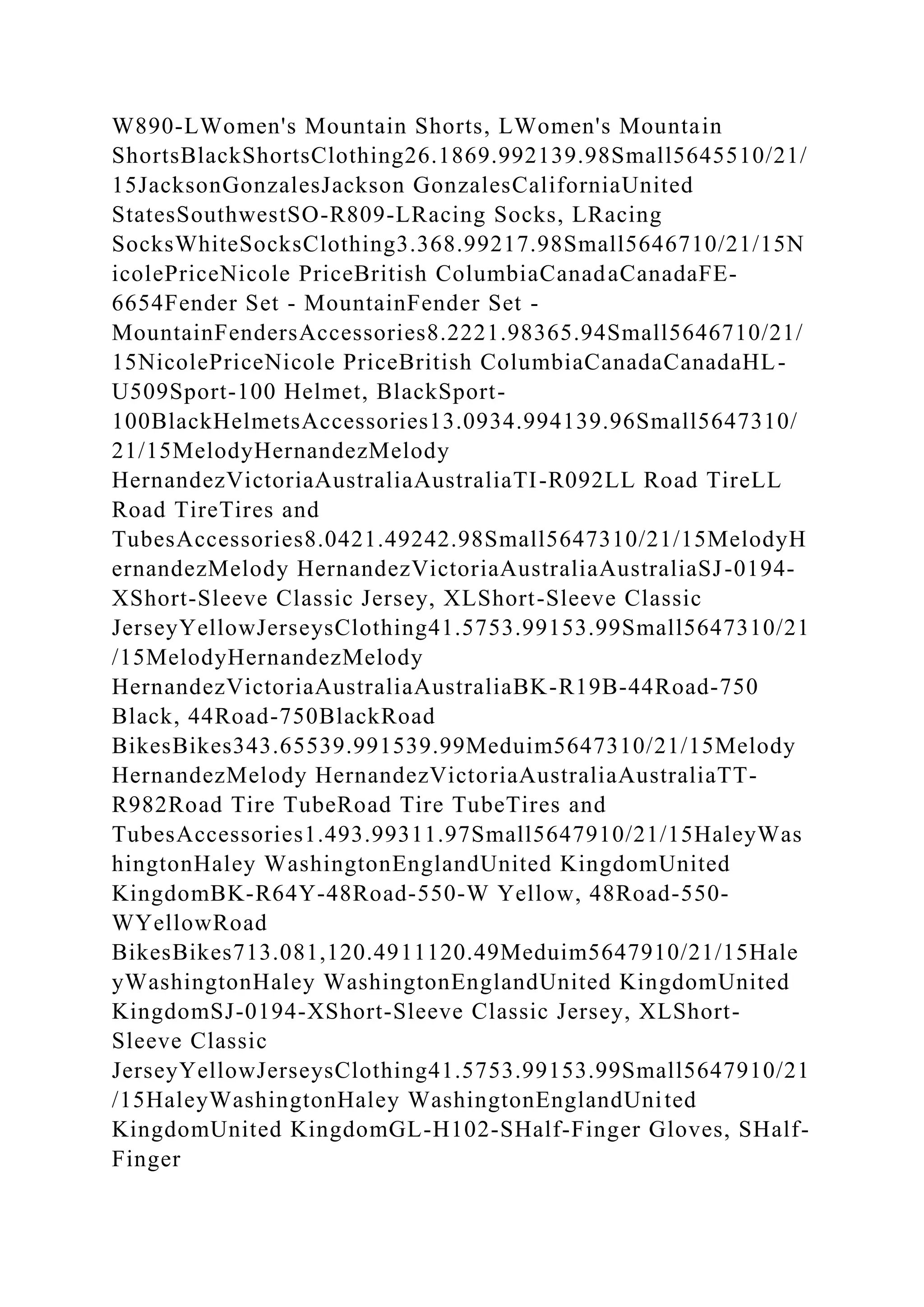 W890-LWomen's Mountain Shorts, LWomen's Mountain
ShortsBlackShortsClothing26.1869.992139.98Small5645510/21/
15JacksonGonzalesJackson GonzalesCaliforniaUnited
StatesSouthwestSO-R809-LRacing Socks, LRacing
SocksWhiteSocksClothing3.368.99217.98Small5646710/21/15N
icolePriceNicole PriceBritish ColumbiaCanadaCanadaFE-
6654Fender Set - MountainFender Set -
MountainFendersAccessories8.2221.98365.94Small5646710/21/
15NicolePriceNicole PriceBritish ColumbiaCanadaCanadaHL-
U509Sport-100 Helmet, BlackSport-
100BlackHelmetsAccessories13.0934.994139.96Small5647310/
21/15MelodyHernandezMelody
HernandezVictoriaAustraliaAustraliaTI-R092LL Road TireLL
Road TireTires and
TubesAccessories8.0421.49242.98Small5647310/21/15MelodyH
ernandezMelody HernandezVictoriaAustraliaAustraliaSJ-0194-
XShort-Sleeve Classic Jersey, XLShort-Sleeve Classic
JerseyYellowJerseysClothing41.5753.99153.99Small5647310/21
/15MelodyHernandezMelody
HernandezVictoriaAustraliaAustraliaBK-R19B-44Road-750
Black, 44Road-750BlackRoad
BikesBikes343.65539.991539.99Meduim5647310/21/15Melody
HernandezMelody HernandezVictoriaAustraliaAustraliaTT-
R982Road Tire TubeRoad Tire TubeTires and
TubesAccessories1.493.99311.97Small5647910/21/15HaleyWas
hingtonHaley WashingtonEnglandUnited KingdomUnited
KingdomBK-R64Y-48Road-550-W Yellow, 48Road-550-
WYellowRoad
BikesBikes713.081,120.4911120.49Meduim5647910/21/15Hale
yWashingtonHaley WashingtonEnglandUnited KingdomUnited
KingdomSJ-0194-XShort-Sleeve Classic Jersey, XLShort-
Sleeve Classic
JerseyYellowJerseysClothing41.5753.99153.99Small5647910/21
/15HaleyWashingtonHaley WashingtonEnglandUnited
KingdomUnited KingdomGL-H102-SHalf-Finger Gloves, SHalf-
Finger
 