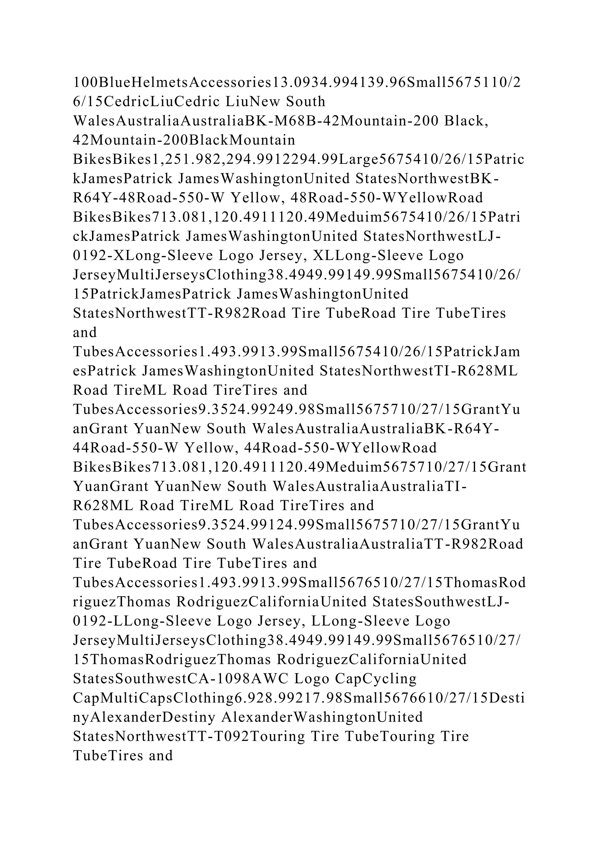 100BlueHelmetsAccessories13.0934.994139.96Small5675110/2
6/15CedricLiuCedric LiuNew South
WalesAustraliaAustraliaBK-M68B-42Mountain-200 Black,
42Mountain-200BlackMountain
BikesBikes1,251.982,294.9912294.99Large5675410/26/15Patric
kJamesPatrick JamesWashingtonUnited StatesNorthwestBK-
R64Y-48Road-550-W Yellow, 48Road-550-WYellowRoad
BikesBikes713.081,120.4911120.49Meduim5675410/26/15Patri
ckJamesPatrick JamesWashingtonUnited StatesNorthwestLJ-
0192-XLong-Sleeve Logo Jersey, XLLong-Sleeve Logo
JerseyMultiJerseysClothing38.4949.99149.99Small5675410/26/
15PatrickJamesPatrick JamesWashingtonUnited
StatesNorthwestTT-R982Road Tire TubeRoad Tire TubeTires
and
TubesAccessories1.493.9913.99Small5675410/26/15PatrickJam
esPatrick JamesWashingtonUnited StatesNorthwestTI-R628ML
Road TireML Road TireTires and
TubesAccessories9.3524.99249.98Small5675710/27/15GrantYu
anGrant YuanNew South WalesAustraliaAustraliaBK-R64Y-
44Road-550-W Yellow, 44Road-550-WYellowRoad
BikesBikes713.081,120.4911120.49Meduim5675710/27/15Grant
YuanGrant YuanNew South WalesAustraliaAustraliaTI-
R628ML Road TireML Road TireTires and
TubesAccessories9.3524.99124.99Small5675710/27/15GrantYu
anGrant YuanNew South WalesAustraliaAustraliaTT-R982Road
Tire TubeRoad Tire TubeTires and
TubesAccessories1.493.9913.99Small5676510/27/15ThomasRod
riguezThomas RodriguezCaliforniaUnited StatesSouthwestLJ-
0192-LLong-Sleeve Logo Jersey, LLong-Sleeve Logo
JerseyMultiJerseysClothing38.4949.99149.99Small5676510/27/
15ThomasRodriguezThomas RodriguezCaliforniaUnited
StatesSouthwestCA-1098AWC Logo CapCycling
CapMultiCapsClothing6.928.99217.98Small5676610/27/15Desti
nyAlexanderDestiny AlexanderWashingtonUnited
StatesNorthwestTT-T092Touring Tire TubeTouring Tire
TubeTires and
 