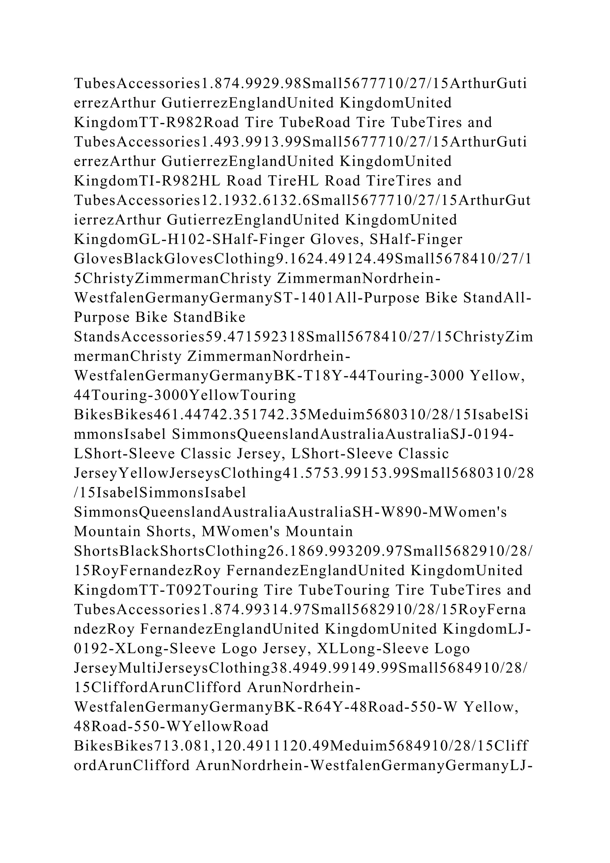 TubesAccessories1.874.9929.98Small5677710/27/15ArthurGuti
errezArthur GutierrezEnglandUnited KingdomUnited
KingdomTT-R982Road Tire TubeRoad Tire TubeTires and
TubesAccessories1.493.9913.99Small5677710/27/15ArthurGuti
errezArthur GutierrezEnglandUnited KingdomUnited
KingdomTI-R982HL Road TireHL Road TireTires and
TubesAccessories12.1932.6132.6Small5677710/27/15ArthurGut
ierrezArthur GutierrezEnglandUnited KingdomUnited
KingdomGL-H102-SHalf-Finger Gloves, SHalf-Finger
GlovesBlackGlovesClothing9.1624.49124.49Small5678410/27/1
5ChristyZimmermanChristy ZimmermanNordrhein-
WestfalenGermanyGermanyST-1401All-Purpose Bike StandAll-
Purpose Bike StandBike
StandsAccessories59.471592318Small5678410/27/15ChristyZim
mermanChristy ZimmermanNordrhein-
WestfalenGermanyGermanyBK-T18Y-44Touring-3000 Yellow,
44Touring-3000YellowTouring
BikesBikes461.44742.351742.35Meduim5680310/28/15IsabelSi
mmonsIsabel SimmonsQueenslandAustraliaAustraliaSJ-0194-
LShort-Sleeve Classic Jersey, LShort-Sleeve Classic
JerseyYellowJerseysClothing41.5753.99153.99Small5680310/28
/15IsabelSimmonsIsabel
SimmonsQueenslandAustraliaAustraliaSH-W890-MWomen's
Mountain Shorts, MWomen's Mountain
ShortsBlackShortsClothing26.1869.993209.97Small5682910/28/
15RoyFernandezRoy FernandezEnglandUnited KingdomUnited
KingdomTT-T092Touring Tire TubeTouring Tire TubeTires and
TubesAccessories1.874.99314.97Small5682910/28/15RoyFerna
ndezRoy FernandezEnglandUnited KingdomUnited KingdomLJ-
0192-XLong-Sleeve Logo Jersey, XLLong-Sleeve Logo
JerseyMultiJerseysClothing38.4949.99149.99Small5684910/28/
15CliffordArunClifford ArunNordrhein-
WestfalenGermanyGermanyBK-R64Y-48Road-550-W Yellow,
48Road-550-WYellowRoad
BikesBikes713.081,120.4911120.49Meduim5684910/28/15Cliff
ordArunClifford ArunNordrhein-WestfalenGermanyGermanyLJ-
 