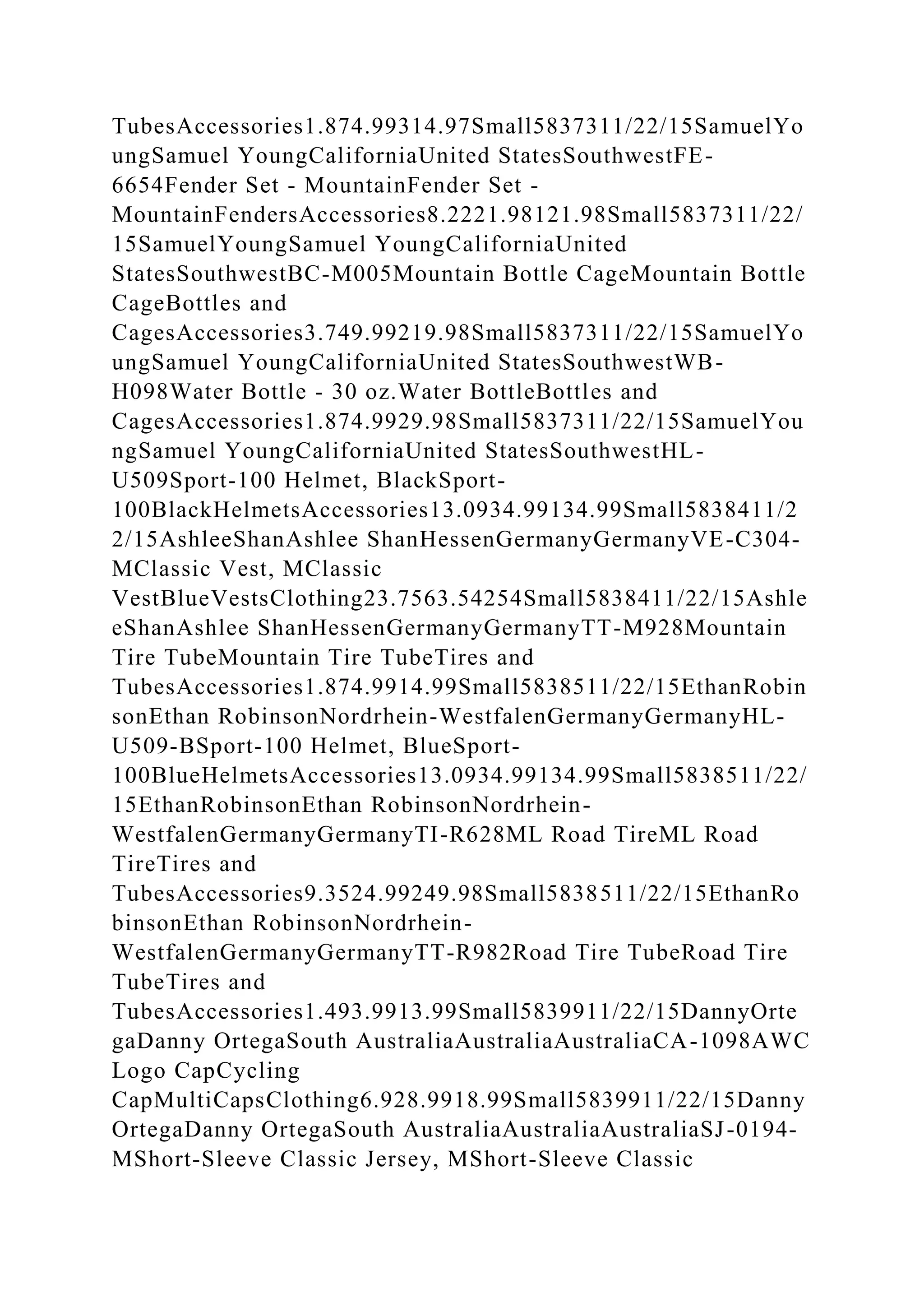 TubesAccessories1.874.99314.97Small5837311/22/15SamuelYo
ungSamuel YoungCaliforniaUnited StatesSouthwestFE-
6654Fender Set - MountainFender Set -
MountainFendersAccessories8.2221.98121.98Small5837311/22/
15SamuelYoungSamuel YoungCaliforniaUnited
StatesSouthwestBC-M005Mountain Bottle CageMountain Bottle
CageBottles and
CagesAccessories3.749.99219.98Small5837311/22/15SamuelYo
ungSamuel YoungCaliforniaUnited StatesSouthwestWB-
H098Water Bottle - 30 oz.Water BottleBottles and
CagesAccessories1.874.9929.98Small5837311/22/15SamuelYou
ngSamuel YoungCaliforniaUnited StatesSouthwestHL-
U509Sport-100 Helmet, BlackSport-
100BlackHelmetsAccessories13.0934.99134.99Small5838411/2
2/15AshleeShanAshlee ShanHessenGermanyGermanyVE-C304-
MClassic Vest, MClassic
VestBlueVestsClothing23.7563.54254Small5838411/22/15Ashle
eShanAshlee ShanHessenGermanyGermanyTT-M928Mountain
Tire TubeMountain Tire TubeTires and
TubesAccessories1.874.9914.99Small5838511/22/15EthanRobin
sonEthan RobinsonNordrhein-WestfalenGermanyGermanyHL-
U509-BSport-100 Helmet, BlueSport-
100BlueHelmetsAccessories13.0934.99134.99Small5838511/22/
15EthanRobinsonEthan RobinsonNordrhein-
WestfalenGermanyGermanyTI-R628ML Road TireML Road
TireTires and
TubesAccessories9.3524.99249.98Small5838511/22/15EthanRo
binsonEthan RobinsonNordrhein-
WestfalenGermanyGermanyTT-R982Road Tire TubeRoad Tire
TubeTires and
TubesAccessories1.493.9913.99Small5839911/22/15DannyOrte
gaDanny OrtegaSouth AustraliaAustraliaAustraliaCA-1098AWC
Logo CapCycling
CapMultiCapsClothing6.928.9918.99Small5839911/22/15Danny
OrtegaDanny OrtegaSouth AustraliaAustraliaAustraliaSJ-0194-
MShort-Sleeve Classic Jersey, MShort-Sleeve Classic
 
