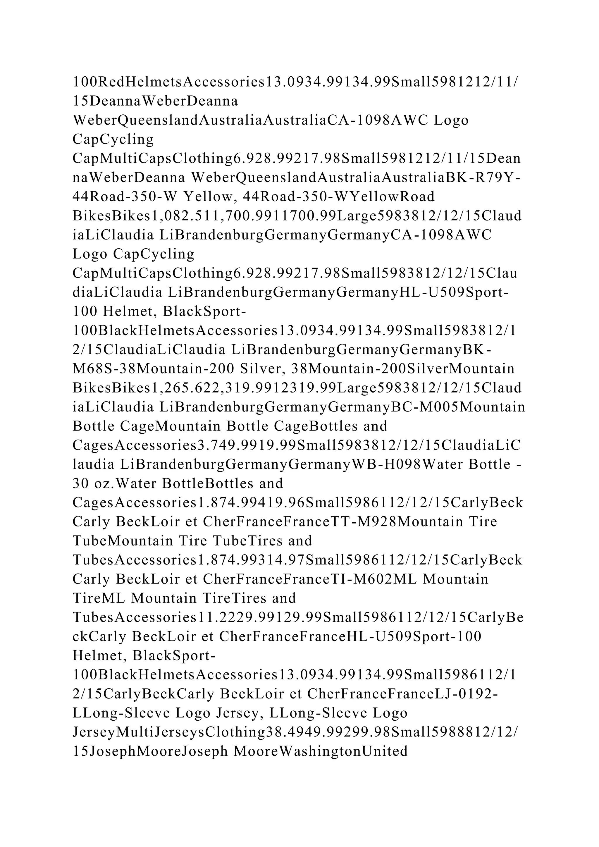 100RedHelmetsAccessories13.0934.99134.99Small5981212/11/
15DeannaWeberDeanna
WeberQueenslandAustraliaAustraliaCA-1098AWC Logo
CapCycling
CapMultiCapsClothing6.928.99217.98Small5981212/11/15Dean
naWeberDeanna WeberQueenslandAustraliaAustraliaBK-R79Y-
44Road-350-W Yellow, 44Road-350-WYellowRoad
BikesBikes1,082.511,700.9911700.99Large5983812/12/15Claud
iaLiClaudia LiBrandenburgGermanyGermanyCA-1098AWC
Logo CapCycling
CapMultiCapsClothing6.928.99217.98Small5983812/12/15Clau
diaLiClaudia LiBrandenburgGermanyGermanyHL-U509Sport-
100 Helmet, BlackSport-
100BlackHelmetsAccessories13.0934.99134.99Small5983812/1
2/15ClaudiaLiClaudia LiBrandenburgGermanyGermanyBK-
M68S-38Mountain-200 Silver, 38Mountain-200SilverMountain
BikesBikes1,265.622,319.9912319.99Large5983812/12/15Claud
iaLiClaudia LiBrandenburgGermanyGermanyBC-M005Mountain
Bottle CageMountain Bottle CageBottles and
CagesAccessories3.749.9919.99Small5983812/12/15ClaudiaLiC
laudia LiBrandenburgGermanyGermanyWB-H098Water Bottle -
30 oz.Water BottleBottles and
CagesAccessories1.874.99419.96Small5986112/12/15CarlyBeck
Carly BeckLoir et CherFranceFranceTT-M928Mountain Tire
TubeMountain Tire TubeTires and
TubesAccessories1.874.99314.97Small5986112/12/15CarlyBeck
Carly BeckLoir et CherFranceFranceTI-M602ML Mountain
TireML Mountain TireTires and
TubesAccessories11.2229.99129.99Small5986112/12/15CarlyBe
ckCarly BeckLoir et CherFranceFranceHL-U509Sport-100
Helmet, BlackSport-
100BlackHelmetsAccessories13.0934.99134.99Small5986112/1
2/15CarlyBeckCarly BeckLoir et CherFranceFranceLJ-0192-
LLong-Sleeve Logo Jersey, LLong-Sleeve Logo
JerseyMultiJerseysClothing38.4949.99299.98Small5988812/12/
15JosephMooreJoseph MooreWashingtonUnited
 