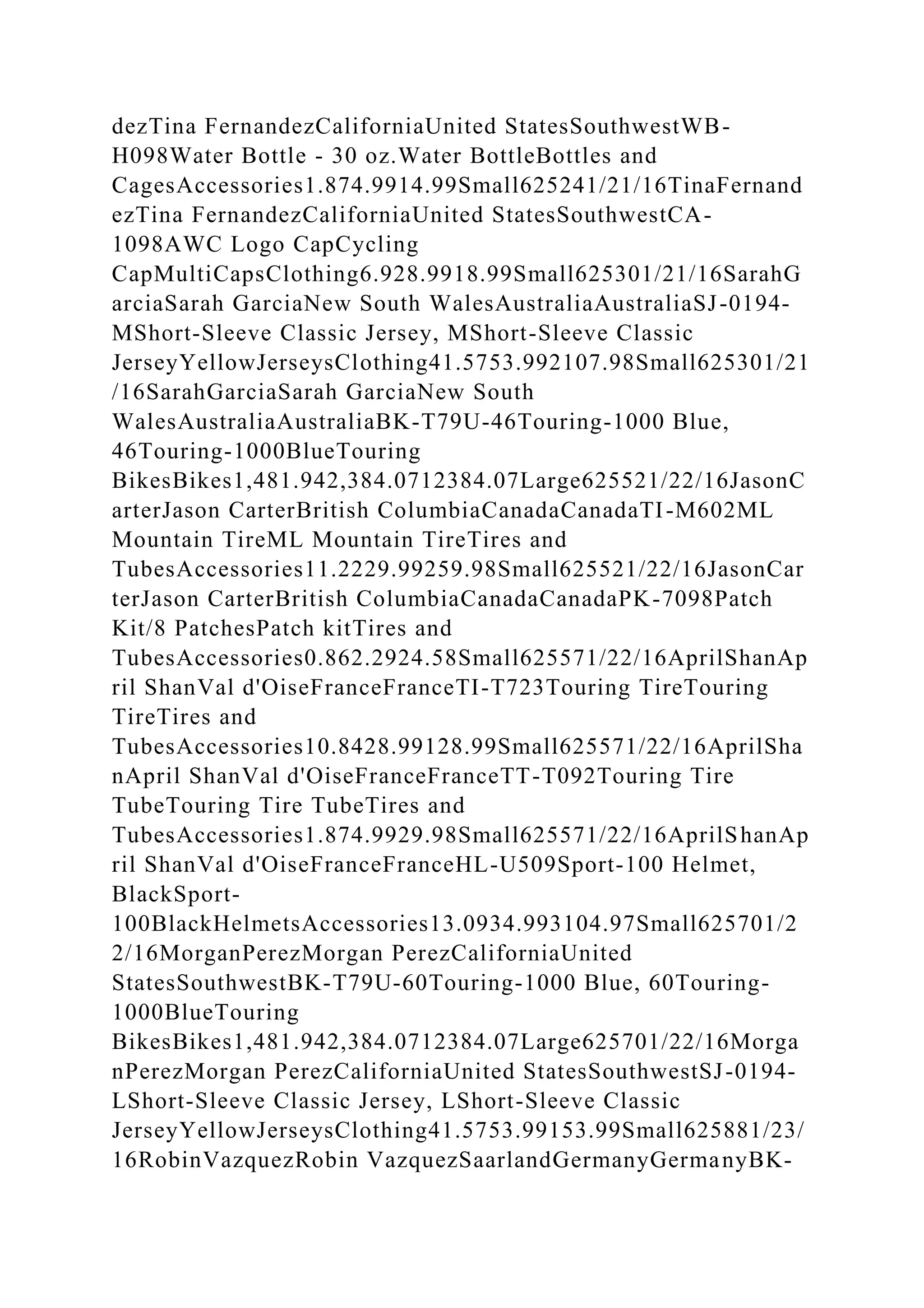 dezTina FernandezCaliforniaUnited StatesSouthwestWB-
H098Water Bottle - 30 oz.Water BottleBottles and
CagesAccessories1.874.9914.99Small625241/21/16TinaFernand
ezTina FernandezCaliforniaUnited StatesSouthwestCA-
1098AWC Logo CapCycling
CapMultiCapsClothing6.928.9918.99Small625301/21/16SarahG
arciaSarah GarciaNew South WalesAustraliaAustraliaSJ-0194-
MShort-Sleeve Classic Jersey, MShort-Sleeve Classic
JerseyYellowJerseysClothing41.5753.992107.98Small625301/21
/16SarahGarciaSarah GarciaNew South
WalesAustraliaAustraliaBK-T79U-46Touring-1000 Blue,
46Touring-1000BlueTouring
BikesBikes1,481.942,384.0712384.07Large625521/22/16JasonC
arterJason CarterBritish ColumbiaCanadaCanadaTI-M602ML
Mountain TireML Mountain TireTires and
TubesAccessories11.2229.99259.98Small625521/22/16JasonCar
terJason CarterBritish ColumbiaCanadaCanadaPK-7098Patch
Kit/8 PatchesPatch kitTires and
TubesAccessories0.862.2924.58Small625571/22/16AprilShanAp
ril ShanVal d'OiseFranceFranceTI-T723Touring TireTouring
TireTires and
TubesAccessories10.8428.99128.99Small625571/22/16AprilSha
nApril ShanVal d'OiseFranceFranceTT-T092Touring Tire
TubeTouring Tire TubeTires and
TubesAccessories1.874.9929.98Small625571/22/16AprilShanAp
ril ShanVal d'OiseFranceFranceHL-U509Sport-100 Helmet,
BlackSport-
100BlackHelmetsAccessories13.0934.993104.97Small625701/2
2/16MorganPerezMorgan PerezCaliforniaUnited
StatesSouthwestBK-T79U-60Touring-1000 Blue, 60Touring-
1000BlueTouring
BikesBikes1,481.942,384.0712384.07Large625701/22/16Morga
nPerezMorgan PerezCaliforniaUnited StatesSouthwestSJ-0194-
LShort-Sleeve Classic Jersey, LShort-Sleeve Classic
JerseyYellowJerseysClothing41.5753.99153.99Small625881/23/
16RobinVazquezRobin VazquezSaarlandGermanyGermanyBK-
 