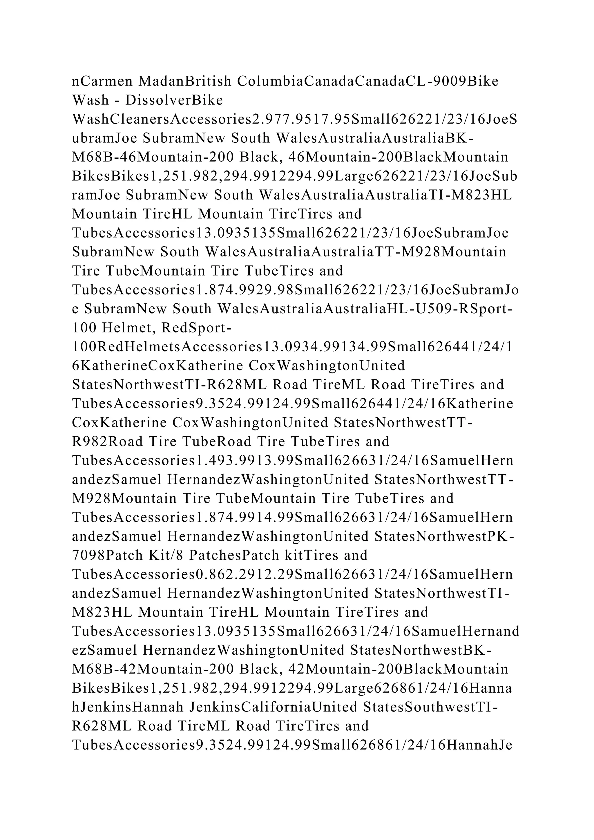 nCarmen MadanBritish ColumbiaCanadaCanadaCL-9009Bike
Wash - DissolverBike
WashCleanersAccessories2.977.9517.95Small626221/23/16JoeS
ubramJoe SubramNew South WalesAustraliaAustraliaBK-
M68B-46Mountain-200 Black, 46Mountain-200BlackMountain
BikesBikes1,251.982,294.9912294.99Large626221/23/16JoeSub
ramJoe SubramNew South WalesAustraliaAustraliaTI-M823HL
Mountain TireHL Mountain TireTires and
TubesAccessories13.0935135Small626221/23/16JoeSubramJoe
SubramNew South WalesAustraliaAustraliaTT-M928Mountain
Tire TubeMountain Tire TubeTires and
TubesAccessories1.874.9929.98Small626221/23/16JoeSubramJo
e SubramNew South WalesAustraliaAustraliaHL-U509-RSport-
100 Helmet, RedSport-
100RedHelmetsAccessories13.0934.99134.99Small626441/24/1
6KatherineCoxKatherine CoxWashingtonUnited
StatesNorthwestTI-R628ML Road TireML Road TireTires and
TubesAccessories9.3524.99124.99Small626441/24/16Katherine
CoxKatherine CoxWashingtonUnited StatesNorthwestTT-
R982Road Tire TubeRoad Tire TubeTires and
TubesAccessories1.493.9913.99Small626631/24/16SamuelHern
andezSamuel HernandezWashingtonUnited StatesNorthwestTT-
M928Mountain Tire TubeMountain Tire TubeTires and
TubesAccessories1.874.9914.99Small626631/24/16SamuelHern
andezSamuel HernandezWashingtonUnited StatesNorthwestPK-
7098Patch Kit/8 PatchesPatch kitTires and
TubesAccessories0.862.2912.29Small626631/24/16SamuelHern
andezSamuel HernandezWashingtonUnited StatesNorthwestTI-
M823HL Mountain TireHL Mountain TireTires and
TubesAccessories13.0935135Small626631/24/16SamuelHernand
ezSamuel HernandezWashingtonUnited StatesNorthwestBK-
M68B-42Mountain-200 Black, 42Mountain-200BlackMountain
BikesBikes1,251.982,294.9912294.99Large626861/24/16Hanna
hJenkinsHannah JenkinsCaliforniaUnited StatesSouthwestTI-
R628ML Road TireML Road TireTires and
TubesAccessories9.3524.99124.99Small626861/24/16HannahJe
 