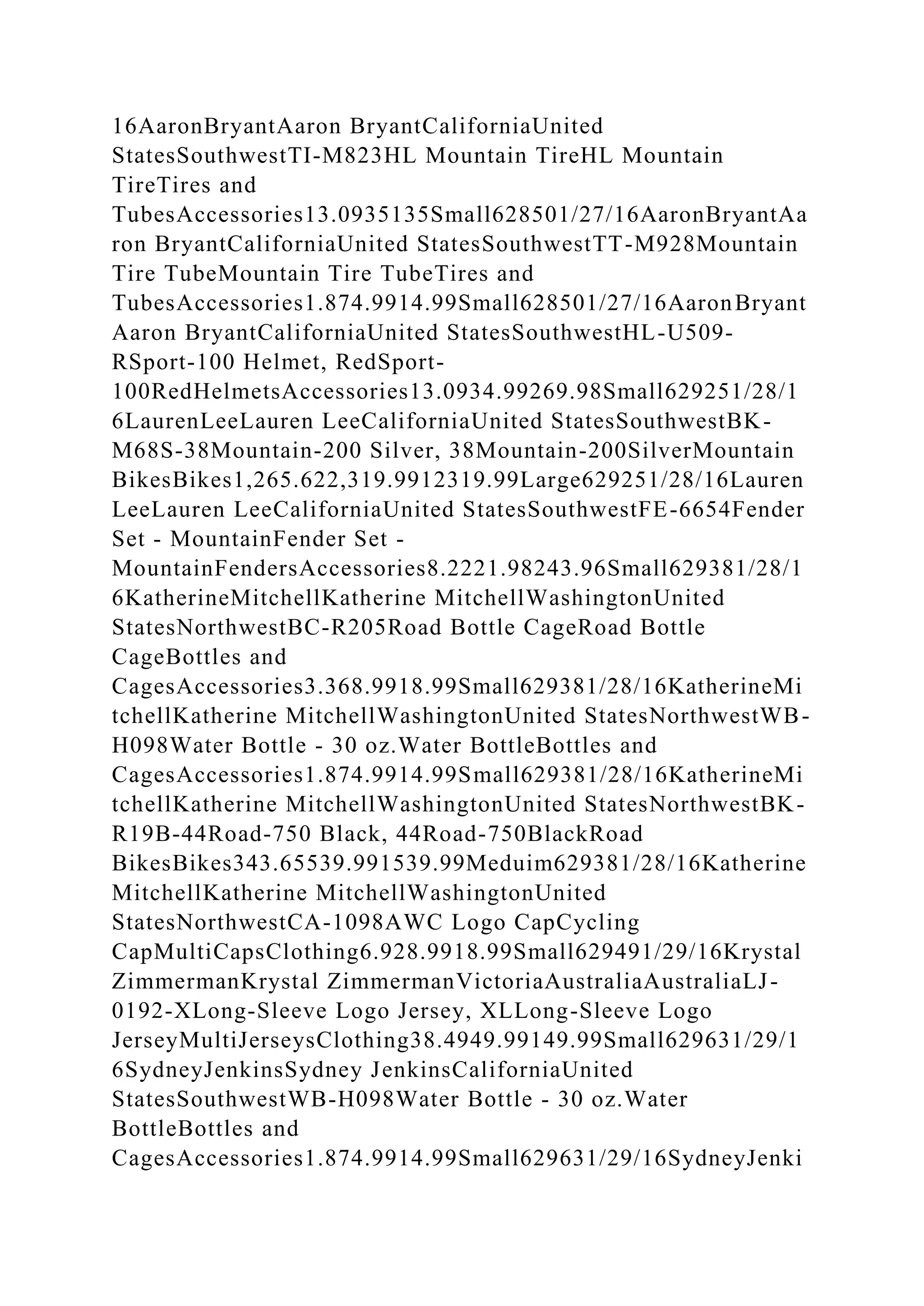 16AaronBryantAaron BryantCaliforniaUnited
StatesSouthwestTI-M823HL Mountain TireHL Mountain
TireTires and
TubesAccessories13.0935135Small628501/27/16AaronBryantAa
ron BryantCaliforniaUnited StatesSouthwestTT-M928Mountain
Tire TubeMountain Tire TubeTires and
TubesAccessories1.874.9914.99Small628501/27/16AaronBryant
Aaron BryantCaliforniaUnited StatesSouthwestHL-U509-
RSport-100 Helmet, RedSport-
100RedHelmetsAccessories13.0934.99269.98Small629251/28/1
6LaurenLeeLauren LeeCaliforniaUnited StatesSouthwestBK-
M68S-38Mountain-200 Silver, 38Mountain-200SilverMountain
BikesBikes1,265.622,319.9912319.99Large629251/28/16Lauren
LeeLauren LeeCaliforniaUnited StatesSouthwestFE-6654Fender
Set - MountainFender Set -
MountainFendersAccessories8.2221.98243.96Small629381/28/1
6KatherineMitchellKatherine MitchellWashingtonUnited
StatesNorthwestBC-R205Road Bottle CageRoad Bottle
CageBottles and
CagesAccessories3.368.9918.99Small629381/28/16KatherineMi
tchellKatherine MitchellWashingtonUnited StatesNorthwestWB-
H098Water Bottle - 30 oz.Water BottleBottles and
CagesAccessories1.874.9914.99Small629381/28/16KatherineMi
tchellKatherine MitchellWashingtonUnited StatesNorthwestBK-
R19B-44Road-750 Black, 44Road-750BlackRoad
BikesBikes343.65539.991539.99Meduim629381/28/16Katherine
MitchellKatherine MitchellWashingtonUnited
StatesNorthwestCA-1098AWC Logo CapCycling
CapMultiCapsClothing6.928.9918.99Small629491/29/16Krystal
ZimmermanKrystal ZimmermanVictoriaAustraliaAustraliaLJ-
0192-XLong-Sleeve Logo Jersey, XLLong-Sleeve Logo
JerseyMultiJerseysClothing38.4949.99149.99Small629631/29/1
6SydneyJenkinsSydney JenkinsCaliforniaUnited
StatesSouthwestWB-H098Water Bottle - 30 oz.Water
BottleBottles and
CagesAccessories1.874.9914.99Small629631/29/16SydneyJenki
 