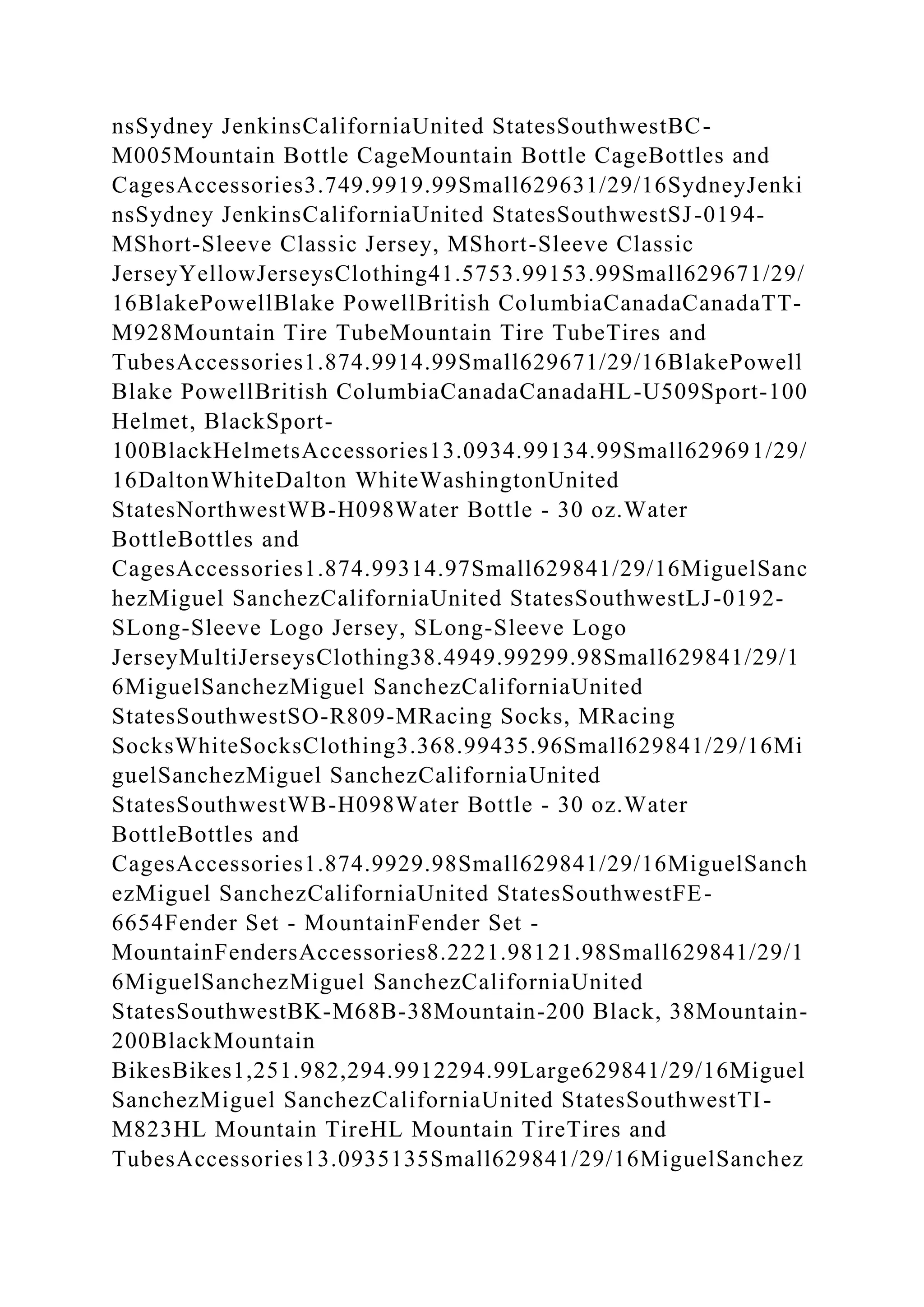 nsSydney JenkinsCaliforniaUnited StatesSouthwestBC-
M005Mountain Bottle CageMountain Bottle CageBottles and
CagesAccessories3.749.9919.99Small629631/29/16SydneyJenki
nsSydney JenkinsCaliforniaUnited StatesSouthwestSJ-0194-
MShort-Sleeve Classic Jersey, MShort-Sleeve Classic
JerseyYellowJerseysClothing41.5753.99153.99Small629671/29/
16BlakePowellBlake PowellBritish ColumbiaCanadaCanadaTT-
M928Mountain Tire TubeMountain Tire TubeTires and
TubesAccessories1.874.9914.99Small629671/29/16BlakePowell
Blake PowellBritish ColumbiaCanadaCanadaHL-U509Sport-100
Helmet, BlackSport-
100BlackHelmetsAccessories13.0934.99134.99Small629691/29/
16DaltonWhiteDalton WhiteWashingtonUnited
StatesNorthwestWB-H098Water Bottle - 30 oz.Water
BottleBottles and
CagesAccessories1.874.99314.97Small629841/29/16MiguelSanc
hezMiguel SanchezCaliforniaUnited StatesSouthwestLJ-0192-
SLong-Sleeve Logo Jersey, SLong-Sleeve Logo
JerseyMultiJerseysClothing38.4949.99299.98Small629841/29/1
6MiguelSanchezMiguel SanchezCaliforniaUnited
StatesSouthwestSO-R809-MRacing Socks, MRacing
SocksWhiteSocksClothing3.368.99435.96Small629841/29/16Mi
guelSanchezMiguel SanchezCaliforniaUnited
StatesSouthwestWB-H098Water Bottle - 30 oz.Water
BottleBottles and
CagesAccessories1.874.9929.98Small629841/29/16MiguelSanch
ezMiguel SanchezCaliforniaUnited StatesSouthwestFE-
6654Fender Set - MountainFender Set -
MountainFendersAccessories8.2221.98121.98Small629841/29/1
6MiguelSanchezMiguel SanchezCaliforniaUnited
StatesSouthwestBK-M68B-38Mountain-200 Black, 38Mountain-
200BlackMountain
BikesBikes1,251.982,294.9912294.99Large629841/29/16Miguel
SanchezMiguel SanchezCaliforniaUnited StatesSouthwestTI-
M823HL Mountain TireHL Mountain TireTires and
TubesAccessories13.0935135Small629841/29/16MiguelSanchez
 