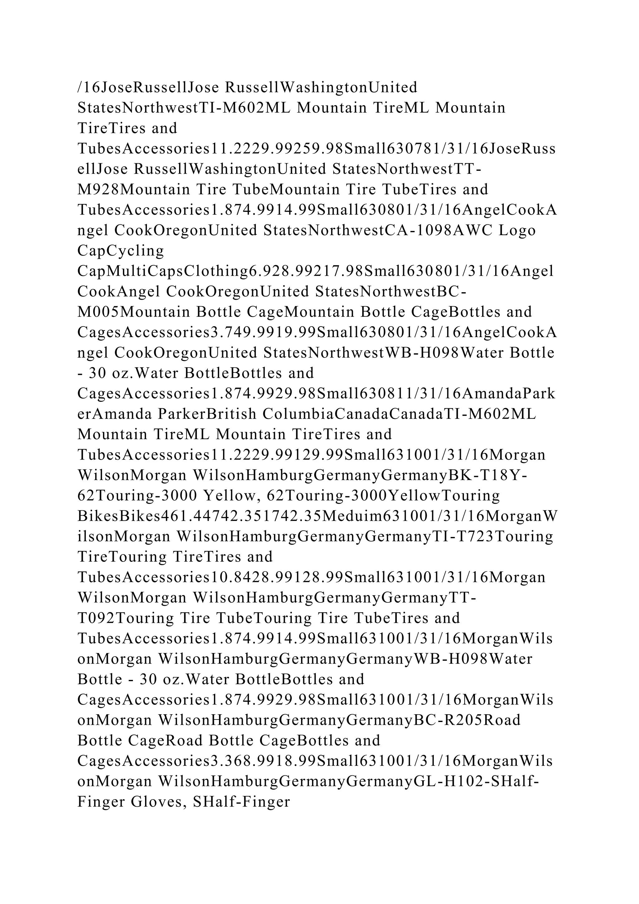 /16JoseRussellJose RussellWashingtonUnited
StatesNorthwestTI-M602ML Mountain TireML Mountain
TireTires and
TubesAccessories11.2229.99259.98Small630781/31/16JoseRuss
ellJose RussellWashingtonUnited StatesNorthwestTT-
M928Mountain Tire TubeMountain Tire TubeTires and
TubesAccessories1.874.9914.99Small630801/31/16AngelCookA
ngel CookOregonUnited StatesNorthwestCA-1098AWC Logo
CapCycling
CapMultiCapsClothing6.928.99217.98Small630801/31/16Angel
CookAngel CookOregonUnited StatesNorthwestBC-
M005Mountain Bottle CageMountain Bottle CageBottles and
CagesAccessories3.749.9919.99Small630801/31/16AngelCookA
ngel CookOregonUnited StatesNorthwestWB-H098Water Bottle
- 30 oz.Water BottleBottles and
CagesAccessories1.874.9929.98Small630811/31/16AmandaPark
erAmanda ParkerBritish ColumbiaCanadaCanadaTI-M602ML
Mountain TireML Mountain TireTires and
TubesAccessories11.2229.99129.99Small631001/31/16Morgan
WilsonMorgan WilsonHamburgGermanyGermanyBK-T18Y-
62Touring-3000 Yellow, 62Touring-3000YellowTouring
BikesBikes461.44742.351742.35Meduim631001/31/16MorganW
ilsonMorgan WilsonHamburgGermanyGermanyTI-T723Touring
TireTouring TireTires and
TubesAccessories10.8428.99128.99Small631001/31/16Morgan
WilsonMorgan WilsonHamburgGermanyGermanyTT-
T092Touring Tire TubeTouring Tire TubeTires and
TubesAccessories1.874.9914.99Small631001/31/16MorganWils
onMorgan WilsonHamburgGermanyGermanyWB-H098Water
Bottle - 30 oz.Water BottleBottles and
CagesAccessories1.874.9929.98Small631001/31/16MorganWils
onMorgan WilsonHamburgGermanyGermanyBC-R205Road
Bottle CageRoad Bottle CageBottles and
CagesAccessories3.368.9918.99Small631001/31/16MorganWils
onMorgan WilsonHamburgGermanyGermanyGL-H102-SHalf-
Finger Gloves, SHalf-Finger
 