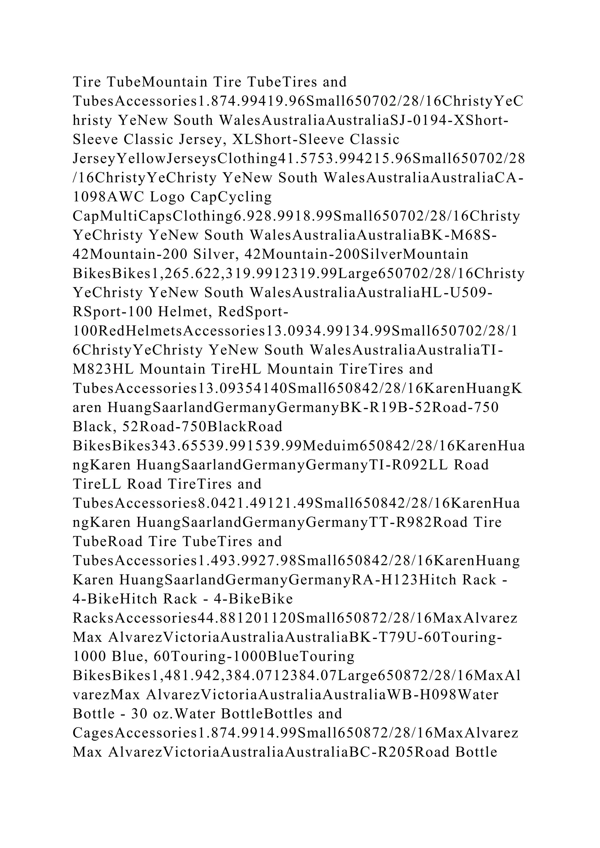 Tire TubeMountain Tire TubeTires and
TubesAccessories1.874.99419.96Small650702/28/16ChristyYeC
hristy YeNew South WalesAustraliaAustraliaSJ-0194-XShort-
Sleeve Classic Jersey, XLShort-Sleeve Classic
JerseyYellowJerseysClothing41.5753.994215.96Small650702/28
/16ChristyYeChristy YeNew South WalesAustraliaAustraliaCA-
1098AWC Logo CapCycling
CapMultiCapsClothing6.928.9918.99Small650702/28/16Christy
YeChristy YeNew South WalesAustraliaAustraliaBK-M68S-
42Mountain-200 Silver, 42Mountain-200SilverMountain
BikesBikes1,265.622,319.9912319.99Large650702/28/16Christy
YeChristy YeNew South WalesAustraliaAustraliaHL-U509-
RSport-100 Helmet, RedSport-
100RedHelmetsAccessories13.0934.99134.99Small650702/28/1
6ChristyYeChristy YeNew South WalesAustraliaAustraliaTI-
M823HL Mountain TireHL Mountain TireTires and
TubesAccessories13.09354140Small650842/28/16KarenHuangK
aren HuangSaarlandGermanyGermanyBK-R19B-52Road-750
Black, 52Road-750BlackRoad
BikesBikes343.65539.991539.99Meduim650842/28/16KarenHua
ngKaren HuangSaarlandGermanyGermanyTI-R092LL Road
TireLL Road TireTires and
TubesAccessories8.0421.49121.49Small650842/28/16KarenHua
ngKaren HuangSaarlandGermanyGermanyTT-R982Road Tire
TubeRoad Tire TubeTires and
TubesAccessories1.493.9927.98Small650842/28/16KarenHuang
Karen HuangSaarlandGermanyGermanyRA-H123Hitch Rack -
4-BikeHitch Rack - 4-BikeBike
RacksAccessories44.881201120Small650872/28/16MaxAlvarez
Max AlvarezVictoriaAustraliaAustraliaBK-T79U-60Touring-
1000 Blue, 60Touring-1000BlueTouring
BikesBikes1,481.942,384.0712384.07Large650872/28/16MaxAl
varezMax AlvarezVictoriaAustraliaAustraliaWB-H098Water
Bottle - 30 oz.Water BottleBottles and
CagesAccessories1.874.9914.99Small650872/28/16MaxAlvarez
Max AlvarezVictoriaAustraliaAustraliaBC-R205Road Bottle
 