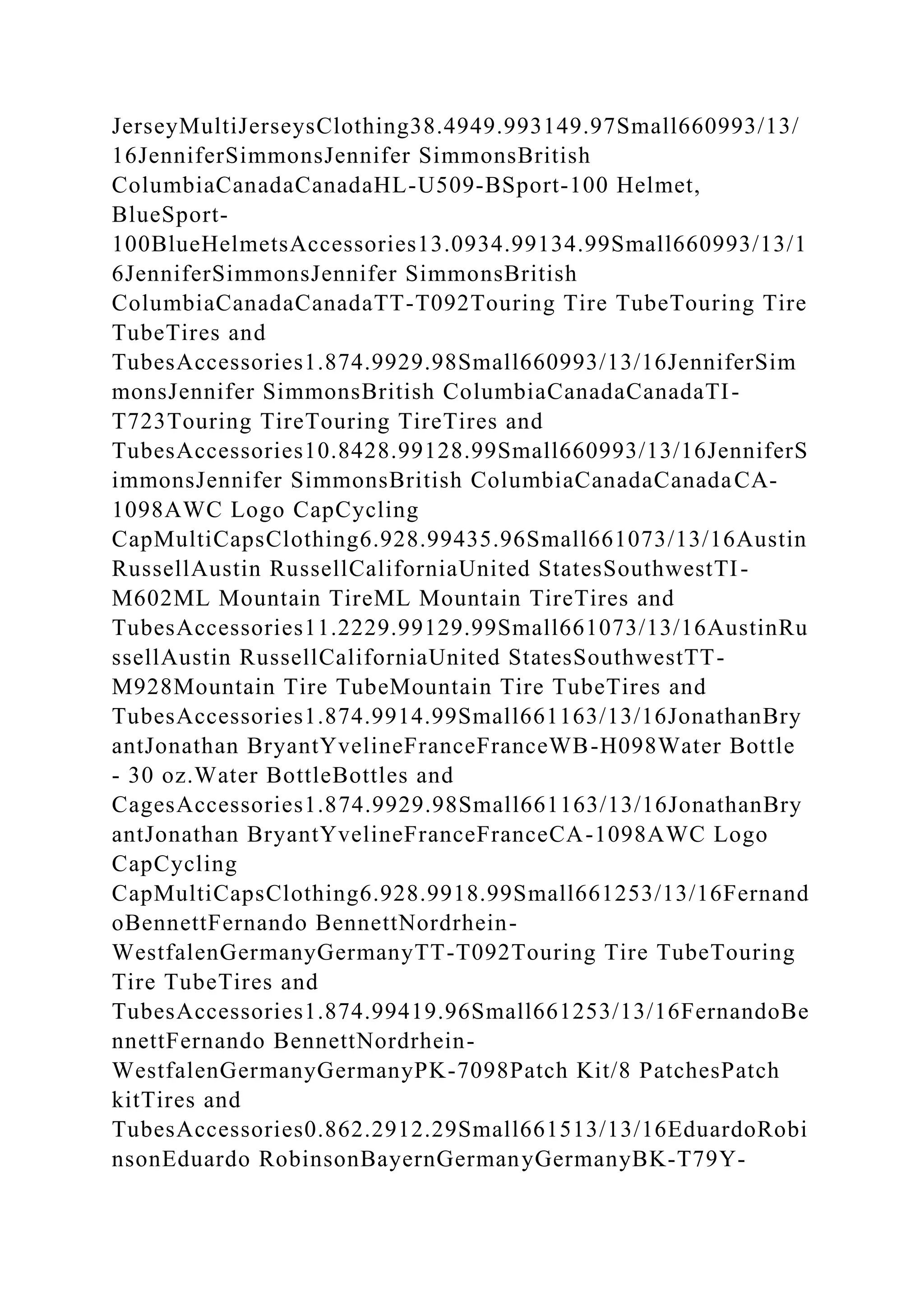 JerseyMultiJerseysClothing38.4949.993149.97Small660993/13/
16JenniferSimmonsJennifer SimmonsBritish
ColumbiaCanadaCanadaHL-U509-BSport-100 Helmet,
BlueSport-
100BlueHelmetsAccessories13.0934.99134.99Small660993/13/1
6JenniferSimmonsJennifer SimmonsBritish
ColumbiaCanadaCanadaTT-T092Touring Tire TubeTouring Tire
TubeTires and
TubesAccessories1.874.9929.98Small660993/13/16JenniferSim
monsJennifer SimmonsBritish ColumbiaCanadaCanadaTI-
T723Touring TireTouring TireTires and
TubesAccessories10.8428.99128.99Small660993/13/16JenniferS
immonsJennifer SimmonsBritish ColumbiaCanadaCanadaCA-
1098AWC Logo CapCycling
CapMultiCapsClothing6.928.99435.96Small661073/13/16Austin
RussellAustin RussellCaliforniaUnited StatesSouthwestTI-
M602ML Mountain TireML Mountain TireTires and
TubesAccessories11.2229.99129.99Small661073/13/16AustinRu
ssellAustin RussellCaliforniaUnited StatesSouthwestTT-
M928Mountain Tire TubeMountain Tire TubeTires and
TubesAccessories1.874.9914.99Small661163/13/16JonathanBry
antJonathan BryantYvelineFranceFranceWB-H098Water Bottle
- 30 oz.Water BottleBottles and
CagesAccessories1.874.9929.98Small661163/13/16JonathanBry
antJonathan BryantYvelineFranceFranceCA-1098AWC Logo
CapCycling
CapMultiCapsClothing6.928.9918.99Small661253/13/16Fernand
oBennettFernando BennettNordrhein-
WestfalenGermanyGermanyTT-T092Touring Tire TubeTouring
Tire TubeTires and
TubesAccessories1.874.99419.96Small661253/13/16FernandoBe
nnettFernando BennettNordrhein-
WestfalenGermanyGermanyPK-7098Patch Kit/8 PatchesPatch
kitTires and
TubesAccessories0.862.2912.29Small661513/13/16EduardoRobi
nsonEduardo RobinsonBayernGermanyGermanyBK-T79Y-
 