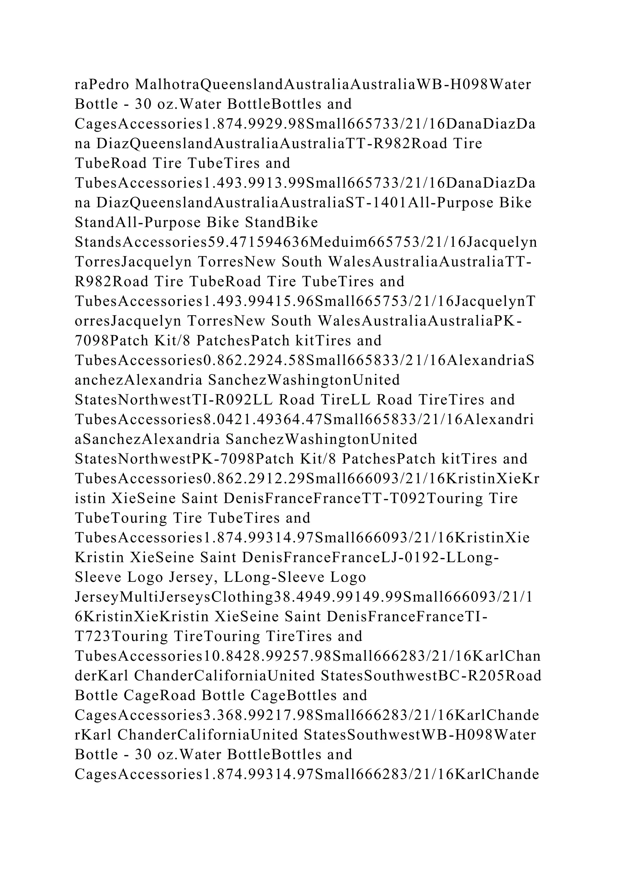 raPedro MalhotraQueenslandAustraliaAustraliaWB-H098Water
Bottle - 30 oz.Water BottleBottles and
CagesAccessories1.874.9929.98Small665733/21/16DanaDiazDa
na DiazQueenslandAustraliaAustraliaTT-R982Road Tire
TubeRoad Tire TubeTires and
TubesAccessories1.493.9913.99Small665733/21/16DanaDiazDa
na DiazQueenslandAustraliaAustraliaST-1401All-Purpose Bike
StandAll-Purpose Bike StandBike
StandsAccessories59.471594636Meduim665753/21/16Jacquelyn
TorresJacquelyn TorresNew South WalesAustraliaAustraliaTT-
R982Road Tire TubeRoad Tire TubeTires and
TubesAccessories1.493.99415.96Small665753/21/16JacquelynT
orresJacquelyn TorresNew South WalesAustraliaAustraliaPK-
7098Patch Kit/8 PatchesPatch kitTires and
TubesAccessories0.862.2924.58Small665833/21/16AlexandriaS
anchezAlexandria SanchezWashingtonUnited
StatesNorthwestTI-R092LL Road TireLL Road TireTires and
TubesAccessories8.0421.49364.47Small665833/21/16Alexandri
aSanchezAlexandria SanchezWashingtonUnited
StatesNorthwestPK-7098Patch Kit/8 PatchesPatch kitTires and
TubesAccessories0.862.2912.29Small666093/21/16KristinXieKr
istin XieSeine Saint DenisFranceFranceTT-T092Touring Tire
TubeTouring Tire TubeTires and
TubesAccessories1.874.99314.97Small666093/21/16KristinXie
Kristin XieSeine Saint DenisFranceFranceLJ-0192-LLong-
Sleeve Logo Jersey, LLong-Sleeve Logo
JerseyMultiJerseysClothing38.4949.99149.99Small666093/21/1
6KristinXieKristin XieSeine Saint DenisFranceFranceTI-
T723Touring TireTouring TireTires and
TubesAccessories10.8428.99257.98Small666283/21/16KarlChan
derKarl ChanderCaliforniaUnited StatesSouthwestBC-R205Road
Bottle CageRoad Bottle CageBottles and
CagesAccessories3.368.99217.98Small666283/21/16KarlChande
rKarl ChanderCaliforniaUnited StatesSouthwestWB-H098Water
Bottle - 30 oz.Water BottleBottles and
CagesAccessories1.874.99314.97Small666283/21/16KarlChande
 