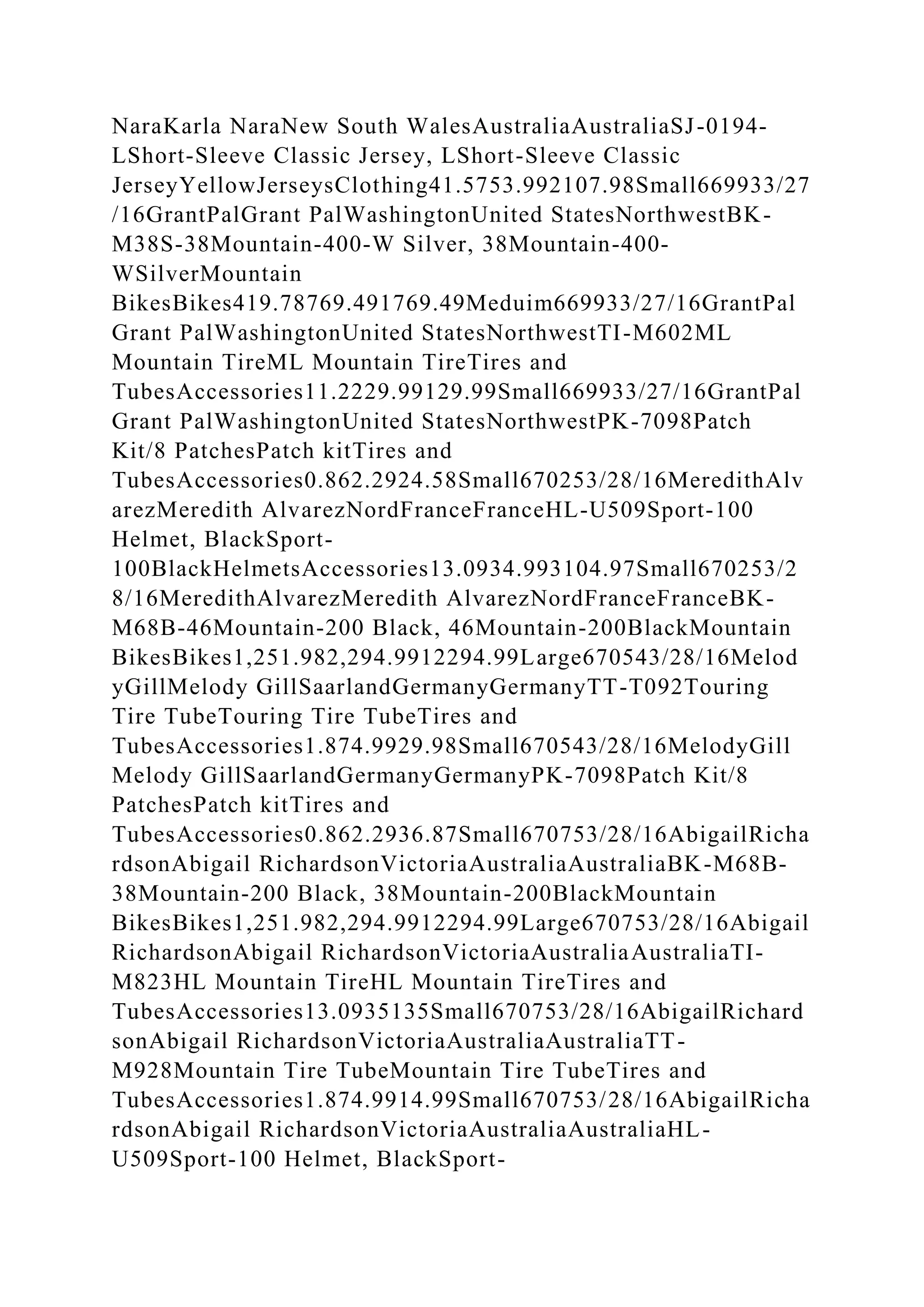 NaraKarla NaraNew South WalesAustraliaAustraliaSJ-0194-
LShort-Sleeve Classic Jersey, LShort-Sleeve Classic
JerseyYellowJerseysClothing41.5753.992107.98Small669933/27
/16GrantPalGrant PalWashingtonUnited StatesNorthwestBK-
M38S-38Mountain-400-W Silver, 38Mountain-400-
WSilverMountain
BikesBikes419.78769.491769.49Meduim669933/27/16GrantPal
Grant PalWashingtonUnited StatesNorthwestTI-M602ML
Mountain TireML Mountain TireTires and
TubesAccessories11.2229.99129.99Small669933/27/16GrantPal
Grant PalWashingtonUnited StatesNorthwestPK-7098Patch
Kit/8 PatchesPatch kitTires and
TubesAccessories0.862.2924.58Small670253/28/16MeredithAlv
arezMeredith AlvarezNordFranceFranceHL-U509Sport-100
Helmet, BlackSport-
100BlackHelmetsAccessories13.0934.993104.97Small670253/2
8/16MeredithAlvarezMeredith AlvarezNordFranceFranceBK-
M68B-46Mountain-200 Black, 46Mountain-200BlackMountain
BikesBikes1,251.982,294.9912294.99Large670543/28/16Melod
yGillMelody GillSaarlandGermanyGermanyTT-T092Touring
Tire TubeTouring Tire TubeTires and
TubesAccessories1.874.9929.98Small670543/28/16MelodyGill
Melody GillSaarlandGermanyGermanyPK-7098Patch Kit/8
PatchesPatch kitTires and
TubesAccessories0.862.2936.87Small670753/28/16AbigailRicha
rdsonAbigail RichardsonVictoriaAustraliaAustraliaBK-M68B-
38Mountain-200 Black, 38Mountain-200BlackMountain
BikesBikes1,251.982,294.9912294.99Large670753/28/16Abigail
RichardsonAbigail RichardsonVictoriaAustraliaAustraliaTI-
M823HL Mountain TireHL Mountain TireTires and
TubesAccessories13.0935135Small670753/28/16AbigailRichard
sonAbigail RichardsonVictoriaAustraliaAustraliaTT-
M928Mountain Tire TubeMountain Tire TubeTires and
TubesAccessories1.874.9914.99Small670753/28/16AbigailRicha
rdsonAbigail RichardsonVictoriaAustraliaAustraliaHL-
U509Sport-100 Helmet, BlackSport-
 